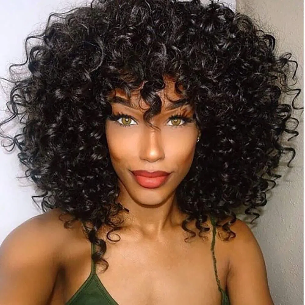 Parrucche Nero ricci corte per le donne, parrucca riccia nera morbida con frangia, riccioli afro kinky parrucca sintetica resistente al calore naturale per donne nere