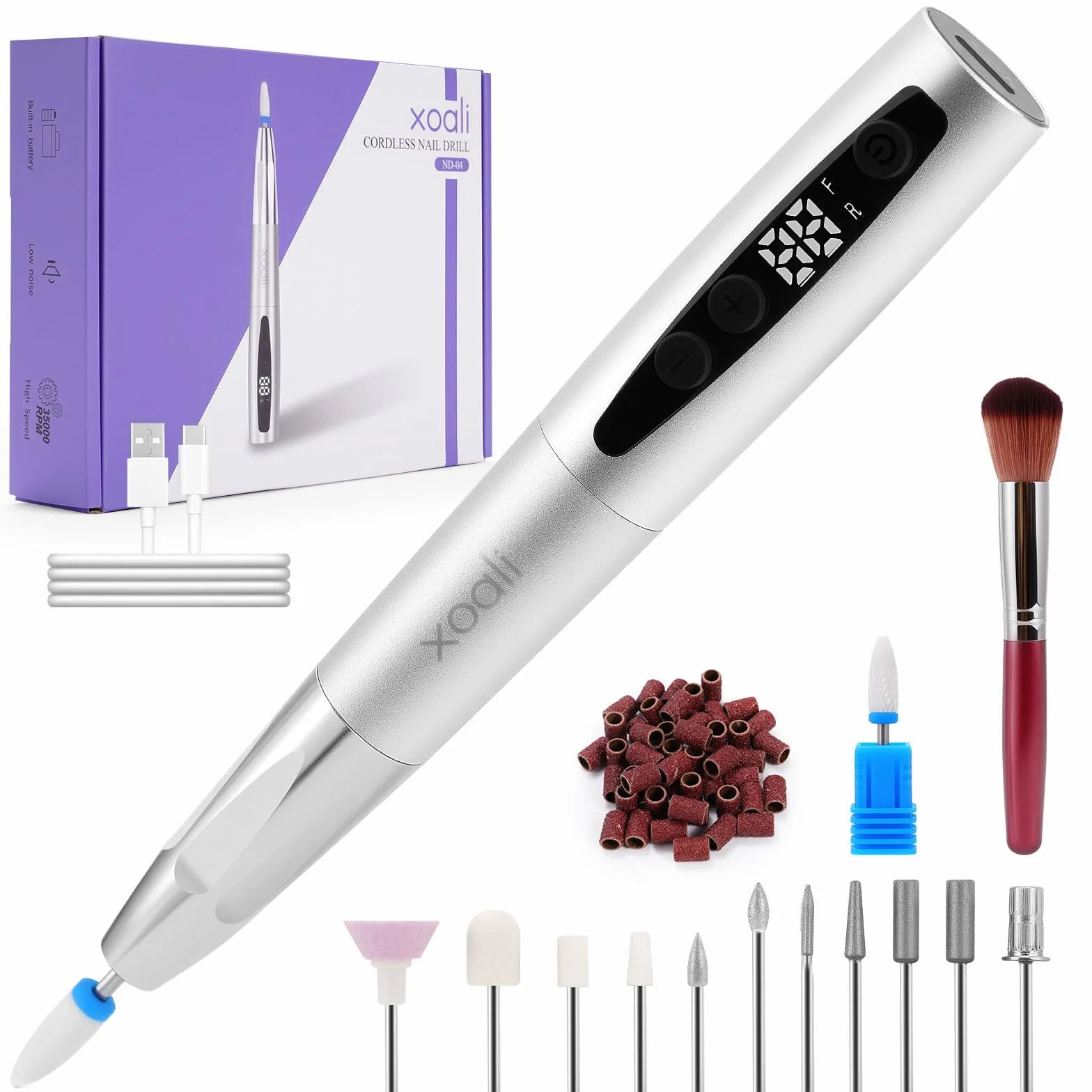 Xoali Fresa Per Unghie 35000 RPM, Lima elettrica per unghie 13 in 1 Kit,Senze Fili Ricaricabile Velocità Regolabile,Professional Portatile LED Elettrico Manicure&Pedicure, Argento