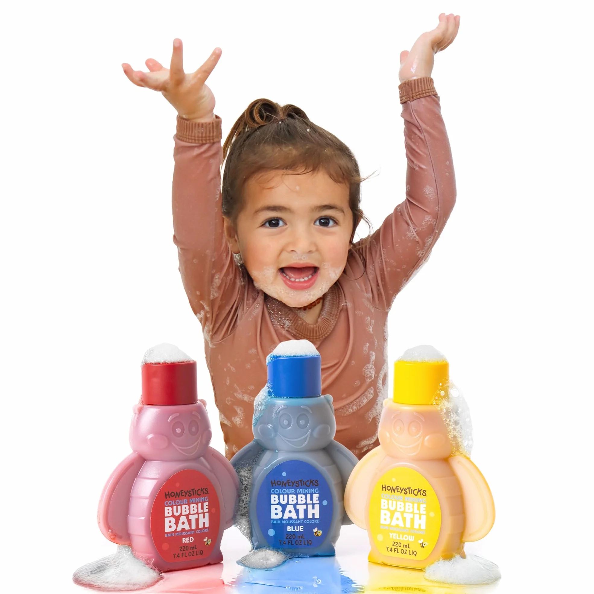 Honeysticks Bagnoschiuma Bambini - Bagnoschiuma Colorato a Base Vegetale, Sicuro e Non Irritante - Cambia il Colore dell'Acqua - Bolle Bagno Bambini da 1-8 Anni - 3 Pz - Blu, Rosso, Giallo