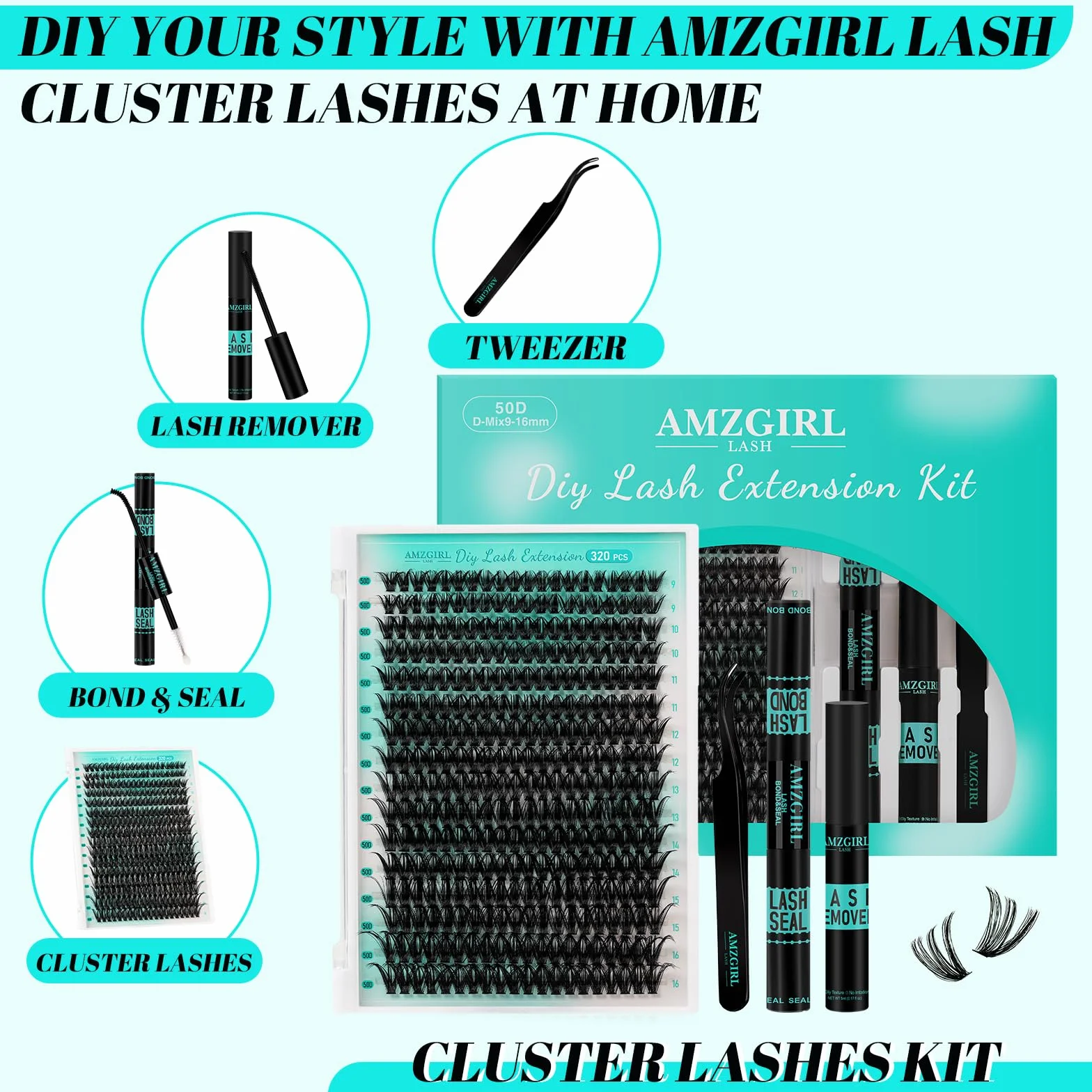 Kit di extension per ciglia, 320 pezzi, kit fai da te per singoli gruppi di ciglia, legatura e sigillatura delle ciglia, rimozione delle ciglia per le extension(kit 50D, D-Mix9-16mm)