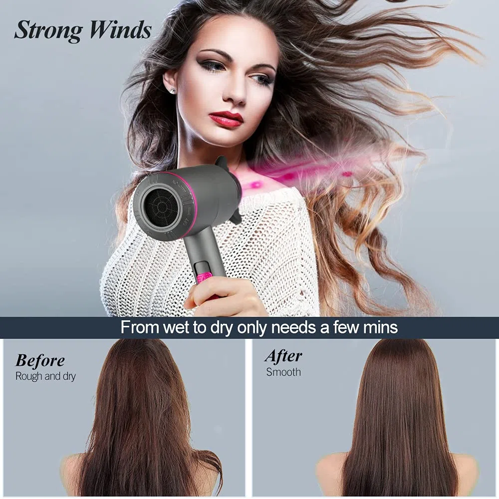 Faszin Ascigacapelli Professionale, Phon Capelli con Motore AC Phone Capelli con 3 Impostazioni di Temperatura, Pulsante Aria Fredda, 1 Diffusore e 2 Concentratori per Molte Acconciature (Grigio)