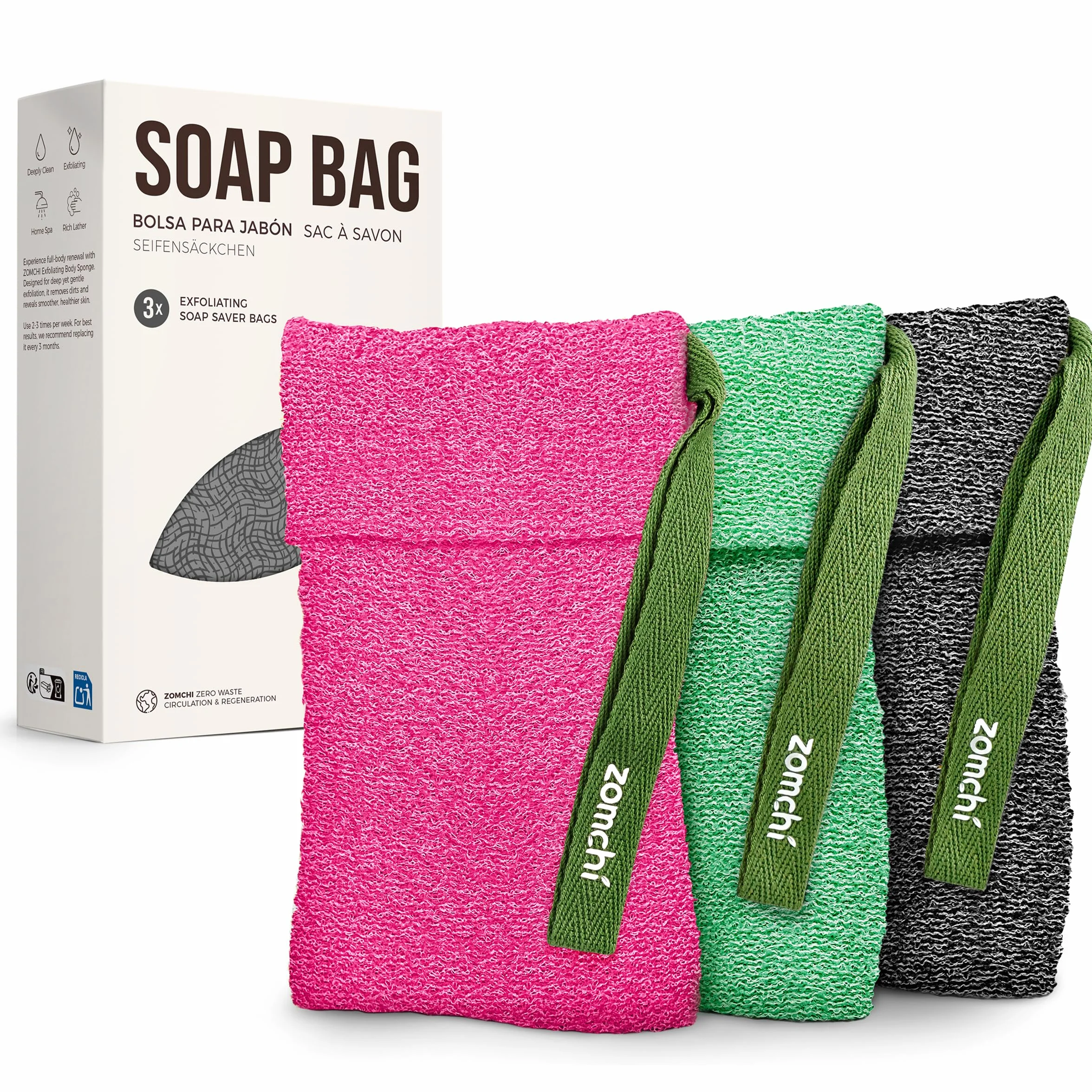ZOMCHI Confezione da 3 Sacchetti di sapone esfoliante, Spugna esfoliante per il corpo, Contenitori per saponette, Sacchetto per saponette per esfoliazione profonda