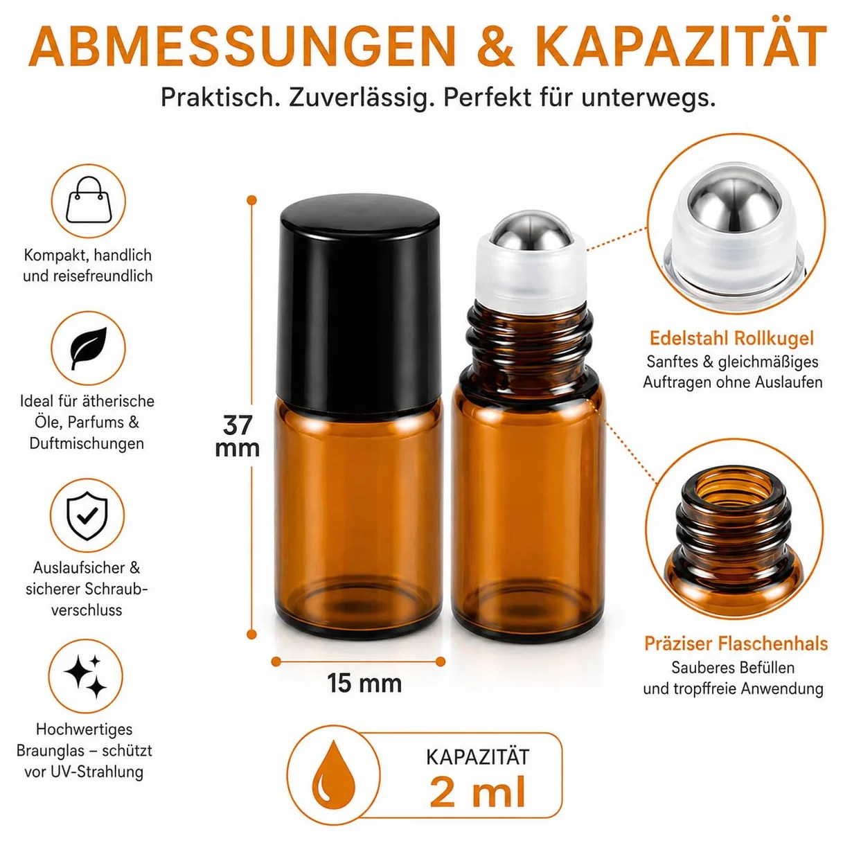 CYEER 50 Flaconi Roll-on in Vetro 2ml, Flaconi per Oli Essenziali con Pallina in Acciaio Inossidabile, Vetro Marrone Anti-UV, per Aromaterapia, Spa, Massaggio, Viaggio
