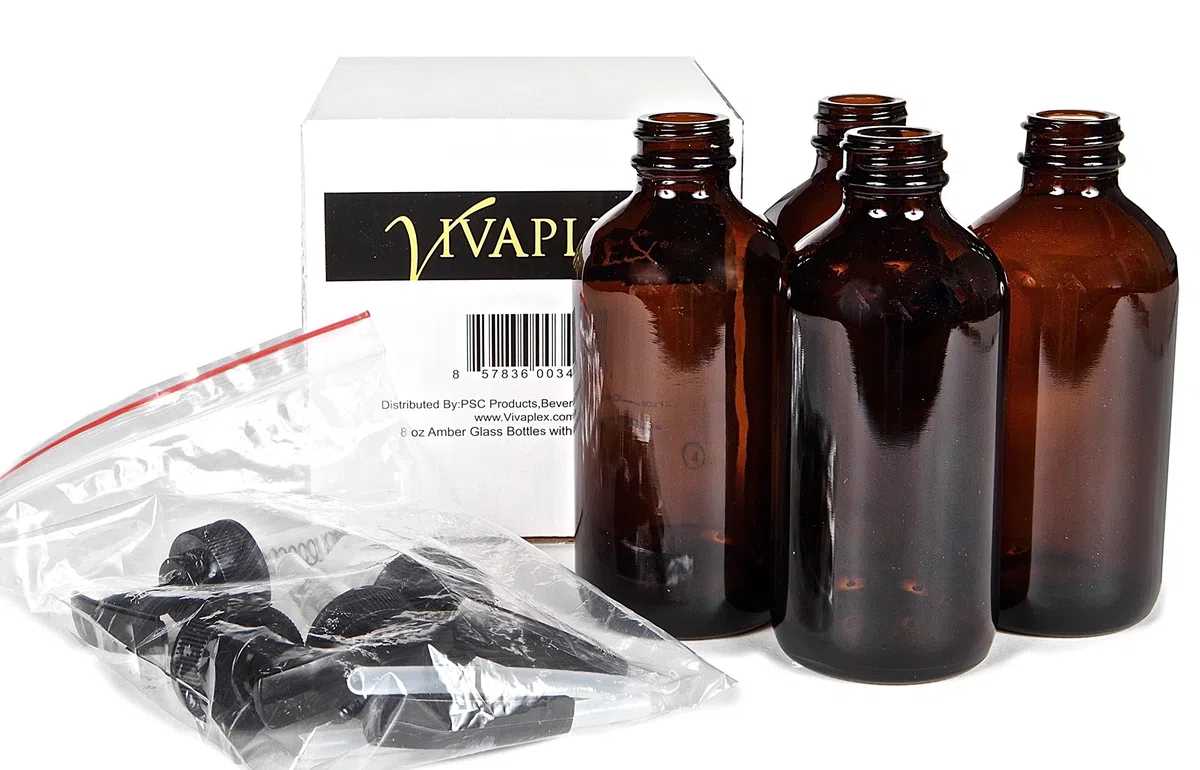 Vivaplex, 4 bottiglie di vetro ambrato vuote con pompe per lozione nera