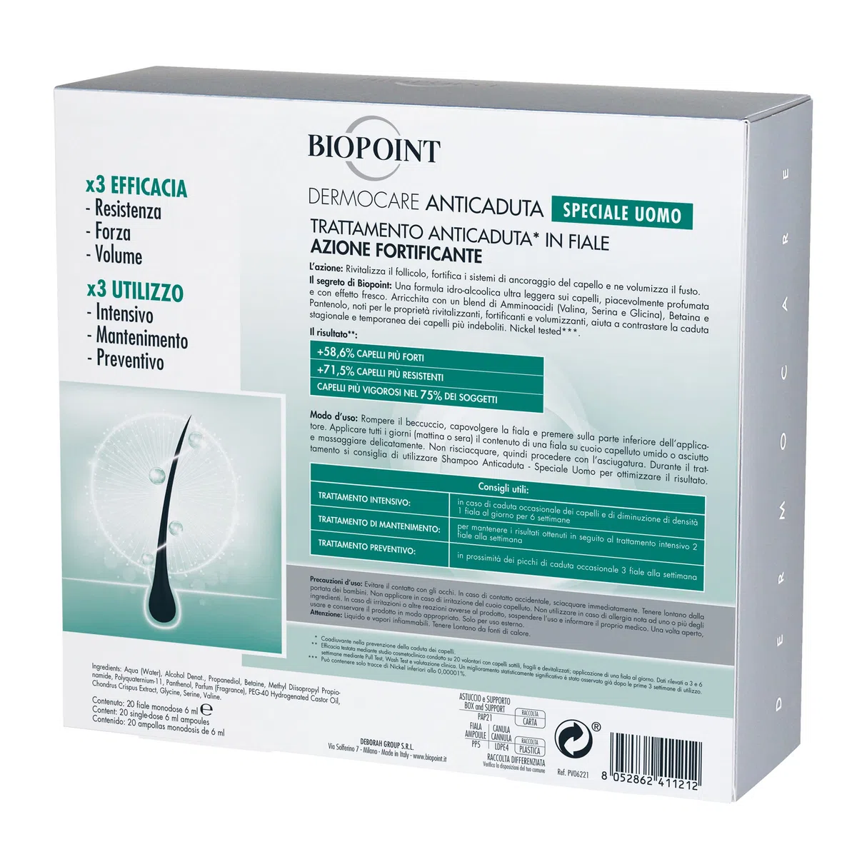 Biopoint Dermocare Anticaduta – Fiale Anticaduta Capelli Uomo, n.20 Fiale da 6 ml, ad Azione Fortificante, per Cute Sensibile e Capelli Indeboliti, Protocollo Intensivo 20 giorni