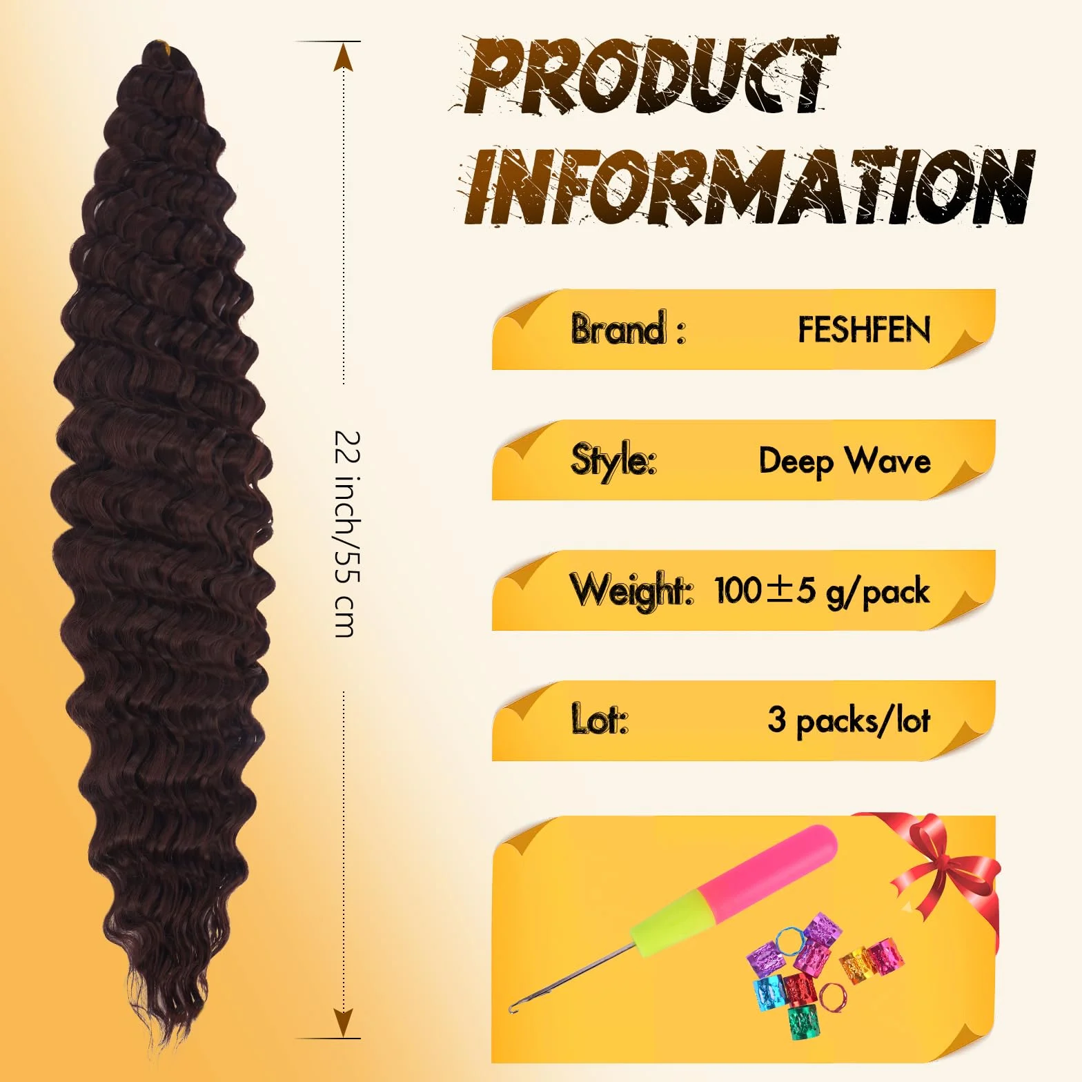 FESHFEN Ocean Wave Crochet Hair extension - 3 Pezzi Estensioni Capelli per Treccine a Onde Sintetici Ondulati Braiding Trecce Boho Posticci Extensions per Donne, 55 cm Castano
