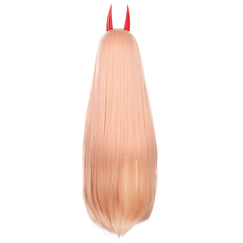 Parrucca Anime Cosplay per motosega uomo power light arancione Cosplay parrucca + 2 corna lunghe dritte con frangia + cuffia per parrucca gratuita