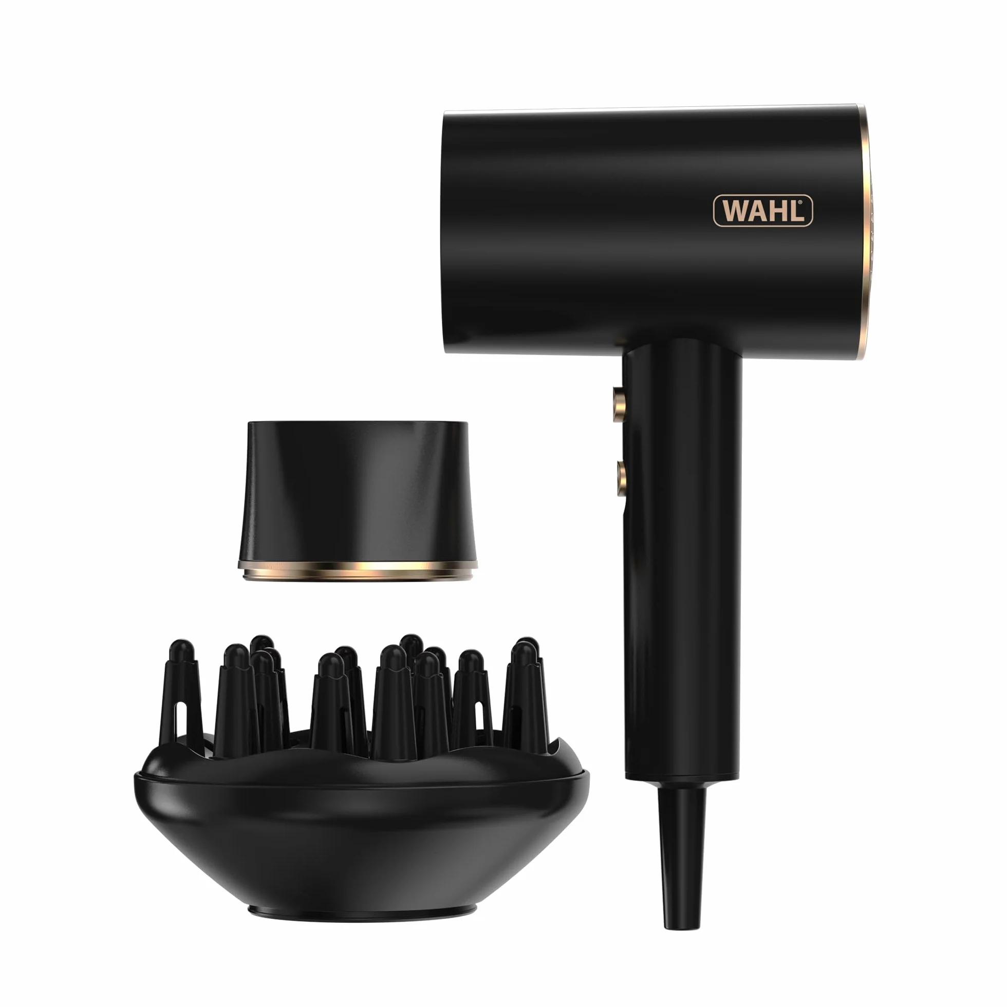 WAHL Ionic Flow Hairdryer, Asciugatura professionale, senza effetto crespo, potente, leggero, getto freddo, concentrazione del calore, diffusore, velocità elevata, styling, compatto, da viaggio