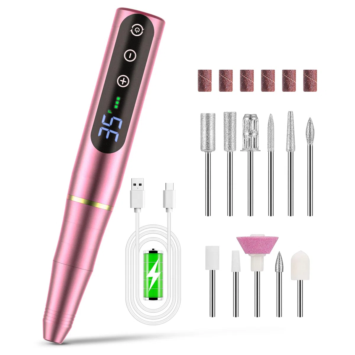 NAILGIRLS Fresa per Unghie Professionale 35000 Giri, Lima Elettrica per Unghie con Schermo LED, 11 in 1 Ricaricabile Frese per Unghie Portatile Trapano per Unghie Senza Fili Velocità Regolabile, Rose