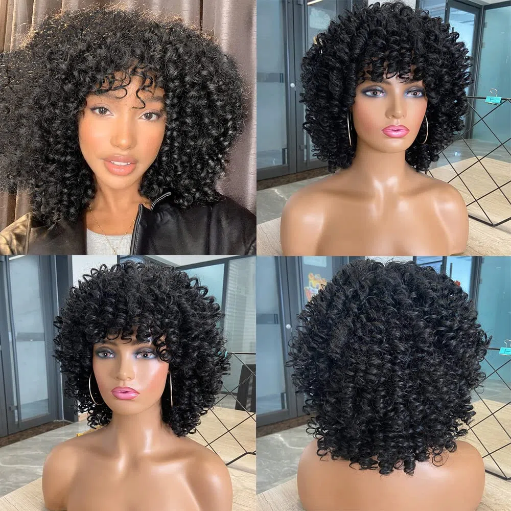 Parrucche Nero ricci corte per le donne, parrucca riccia nera morbida con frangia, riccioli afro kinky parrucca sintetica resistente al calore naturale per donne nere