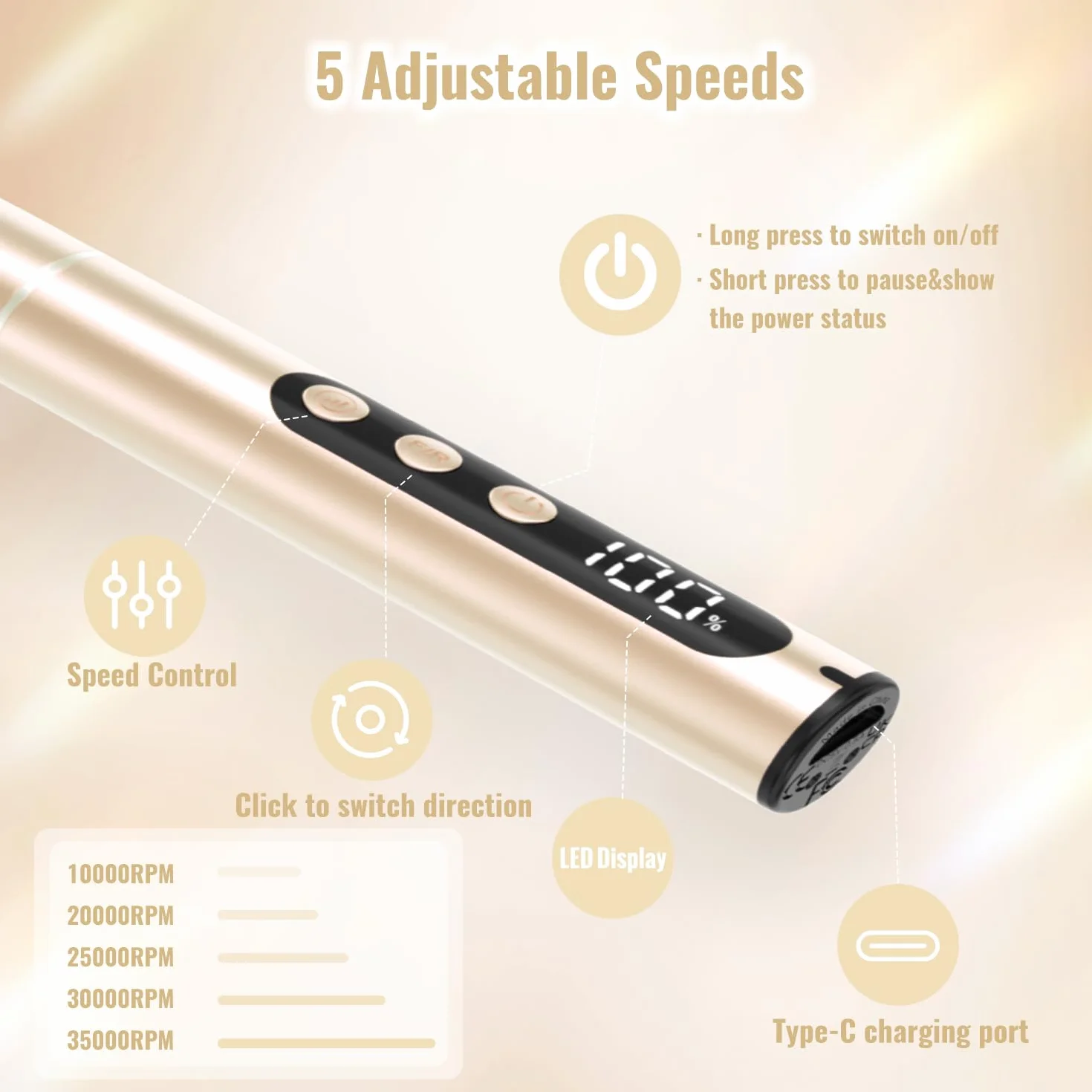 Fresa Per Unghie 35000 RPM, Lima elettrica per unghie Professional 12 in 1, Senze Fili Ricaricabile Portatile con Display LCD Elettrico Manicure e Pedicure Rimozione Gel Casa, Salon, Oro