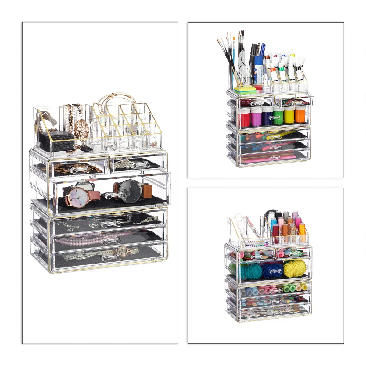 Relaxdays Contenitore per Cosmetici a 6 Cassetti, 22 Scomparti, Make Up Organizer, Porta-Trucchi, Acrilico, Oro