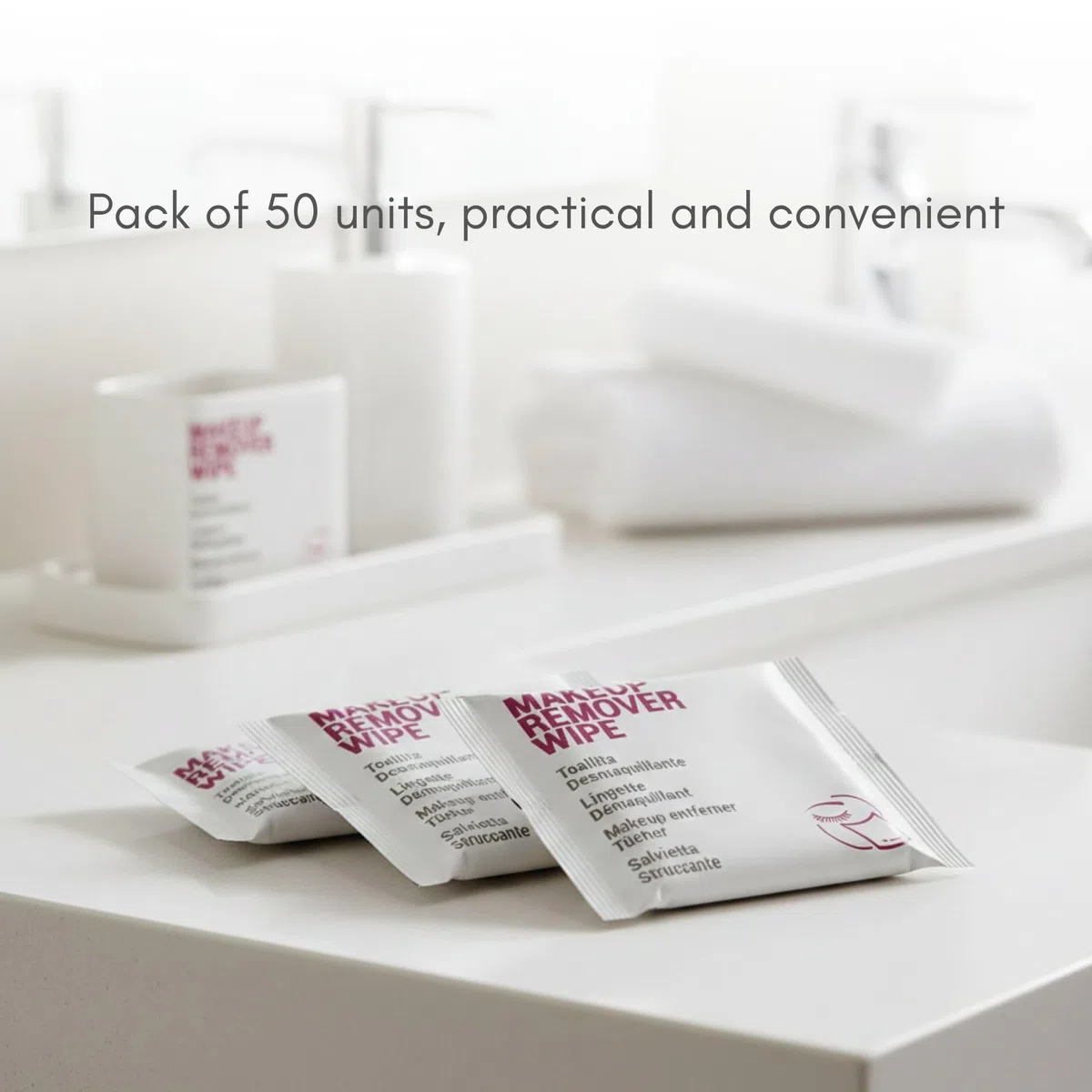 50 Salviette Struccanti Monodose – Makeup Remover Wipe per Pulizia Viso, Salviette Detergenti Formato Viaggio, Amenities Bagno, Kit Cortesia, Confezione Ricarica