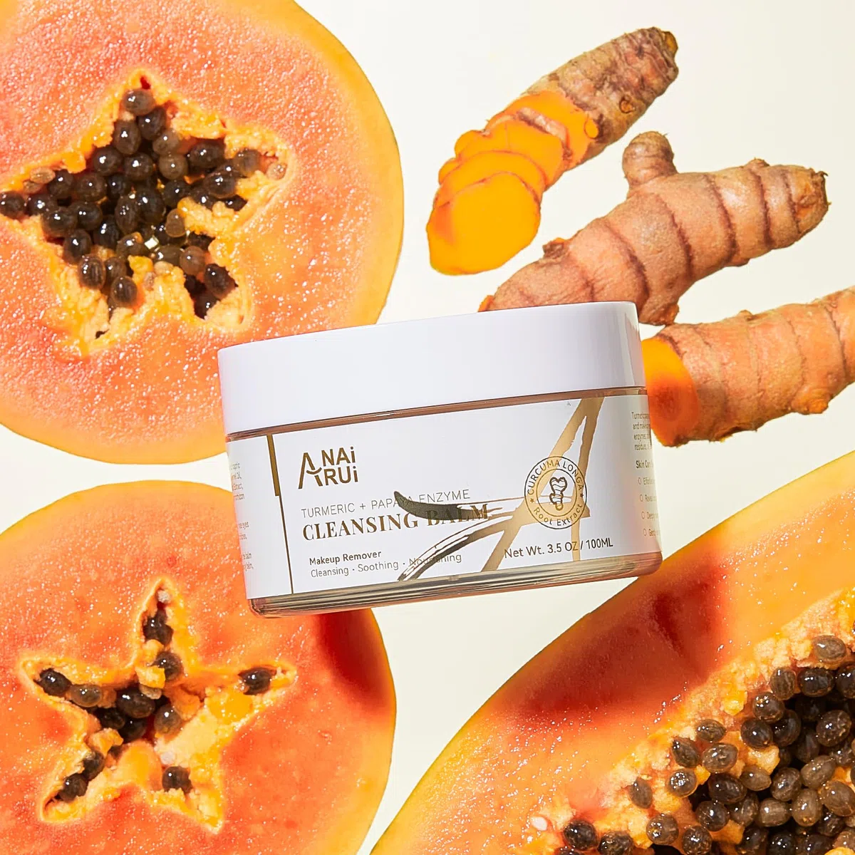 ANAiRUi Balsamo detergente con papaya di curcuma, struccante per la pulizia del viso, peeling, riduzione delle macchie scure, acne, pelle liscia, detergente per la pelle, 3,5 OZ