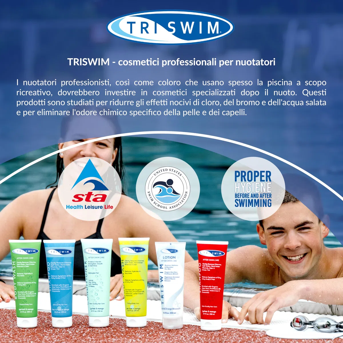 TRISWIM - Pacchetto di Cura del Corpo per la rimozione del Cloro per nuotatori, Lozione Corpo Anti Cloro, Bagnoschiuma per la Rimozione del Cloro, Docciaschiuma After Swim Care (250+251 ml)