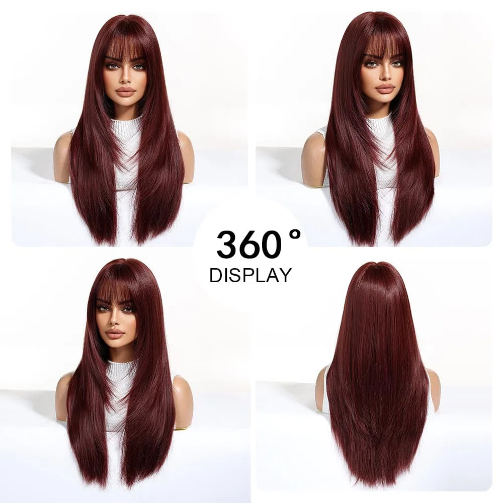 Parrucche Rosso Vino per Le Donne Parrucca Lunga con Frangetta Parrucche Dritte Naturali Parrucche Sintetiche Resistenti Al Calore per La Festa Quotidiana Cosplay Wear