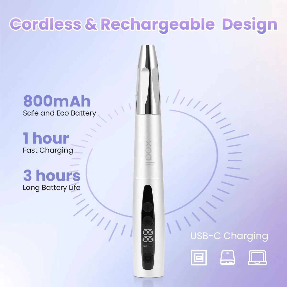 Xoali Fresa Per Unghie 35000 RPM, Lima elettrica per unghie 13 in 1 Kit,Senze Fili Ricaricabile Velocità Regolabile,Professional Portatile LED Elettrico Manicure&Pedicure, Argento