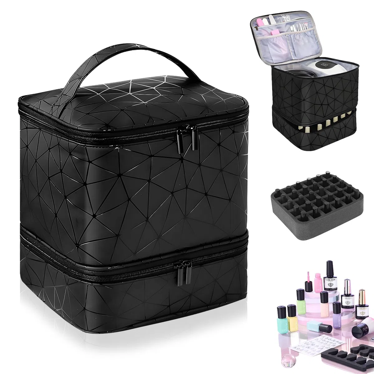 HA BIN Borsa Organizer Porta Smalti Professionale, per 30 Bottiglie e Lampada UV Custodia Impermeabile con Scomparti, Beauty Case da Viaggio Donna Ideale per Estetiste e Appassionati di Nail Art