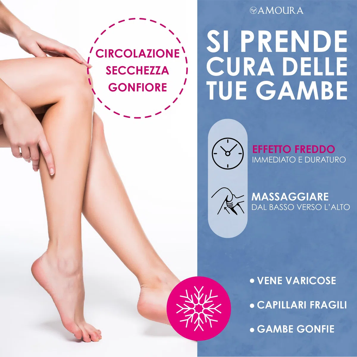 Amoura Crema Vene Varicose e Capillari - 100 ml - Crema Gambe Stanche e Pesanti - Made in Italy