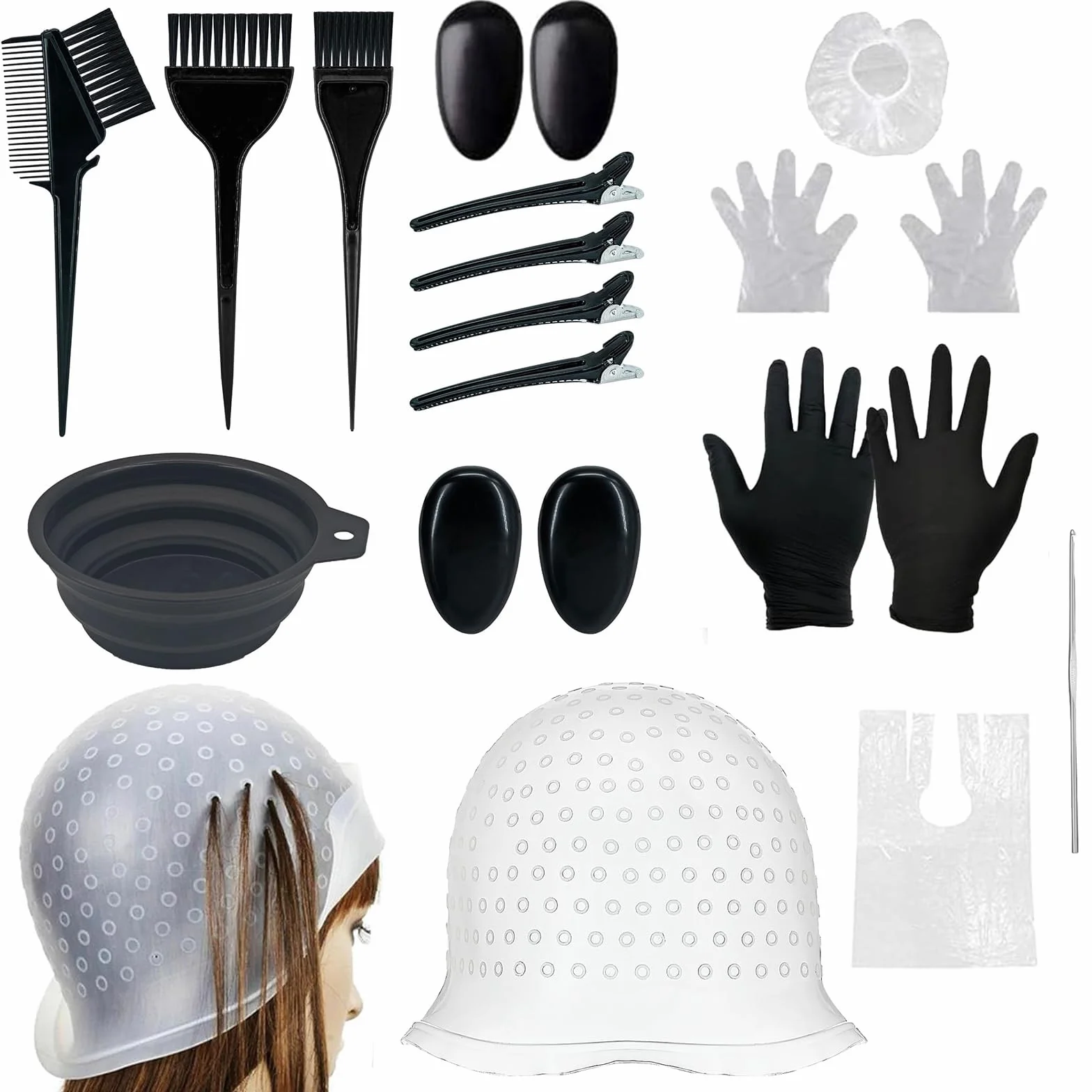 18 Pezzi Strumenti Per La Colorazione Dei Capelli,Kit Di Tinture Riutilizzabile,Tappo Per Colorare I Capelli,Cappucci In Silicone Per Tinture Per Capelli,Cuffia Per Meches Con Ganci,Kiuiom