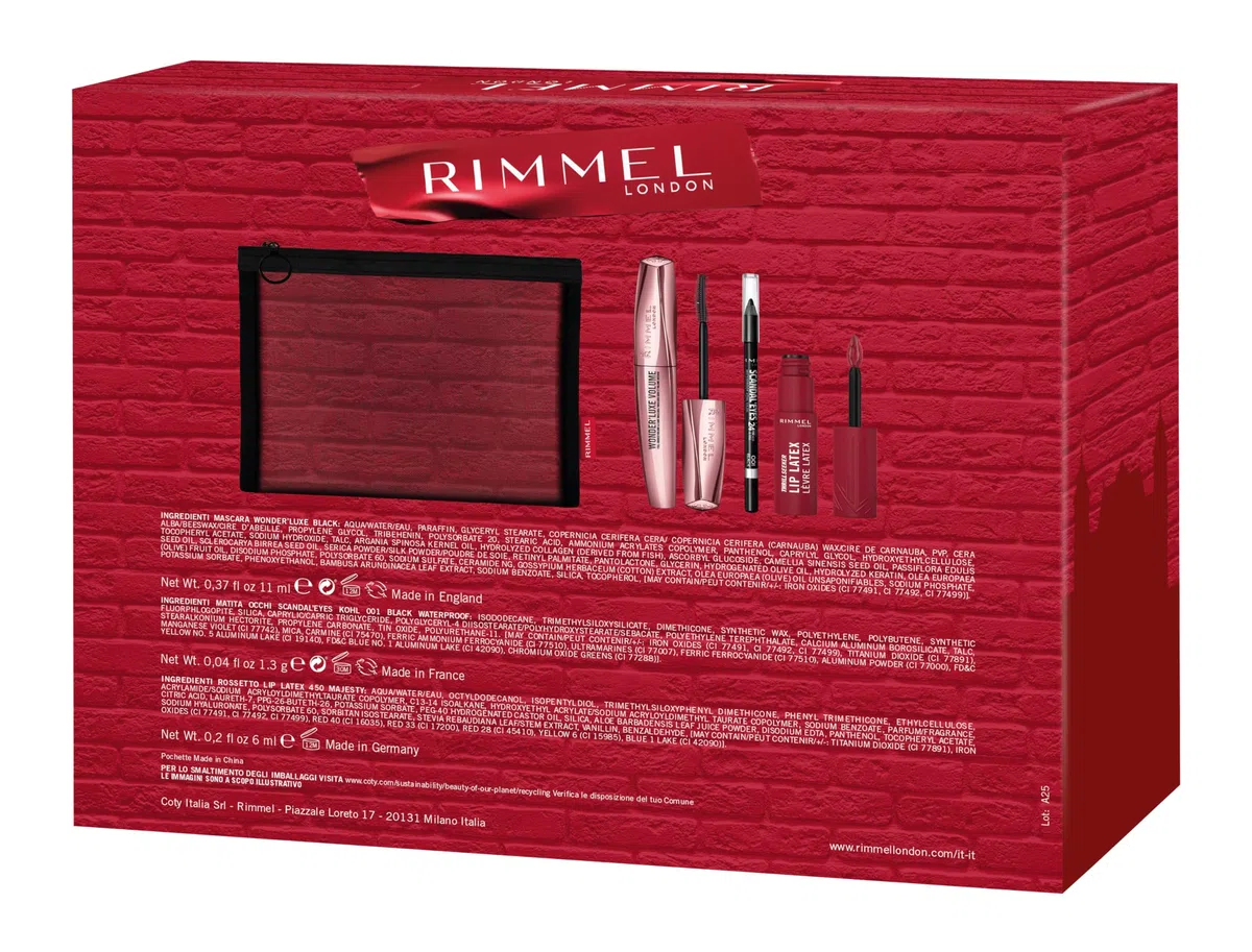 Rimmel London Cofanetto Regalo Live Your London Look, Pochette con Mascara Wonder'Luxe Volume, Matita Occhi Scandal'Eyes Kohl Black Waterproof e Rossetto Liquido Thrill Seeker Lip Latex