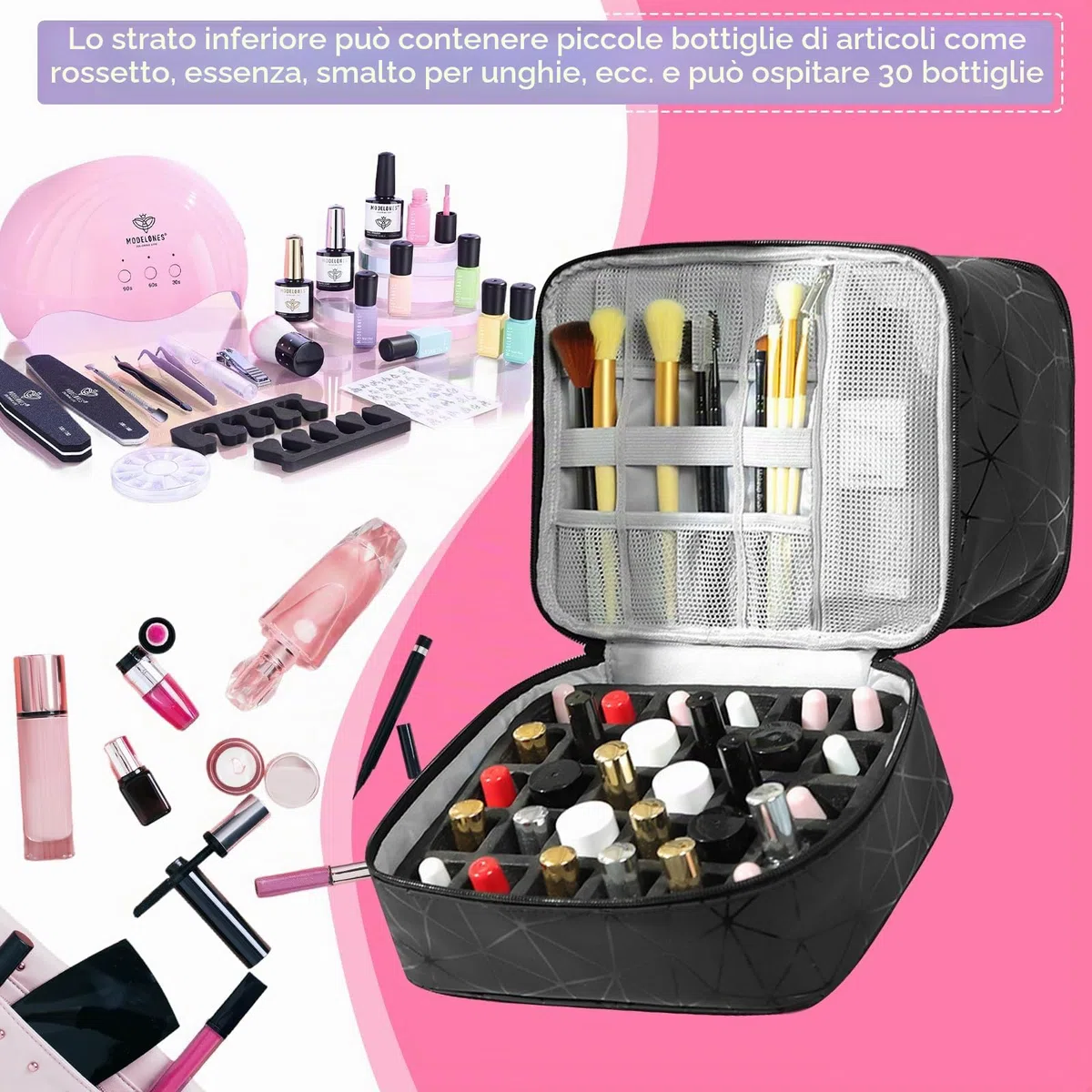 HA BIN Borsa Organizer Porta Smalti Professionale, per 30 Bottiglie e Lampada UV Custodia Impermeabile con Scomparti, Beauty Case da Viaggio Donna Ideale per Estetiste e Appassionati di Nail Art