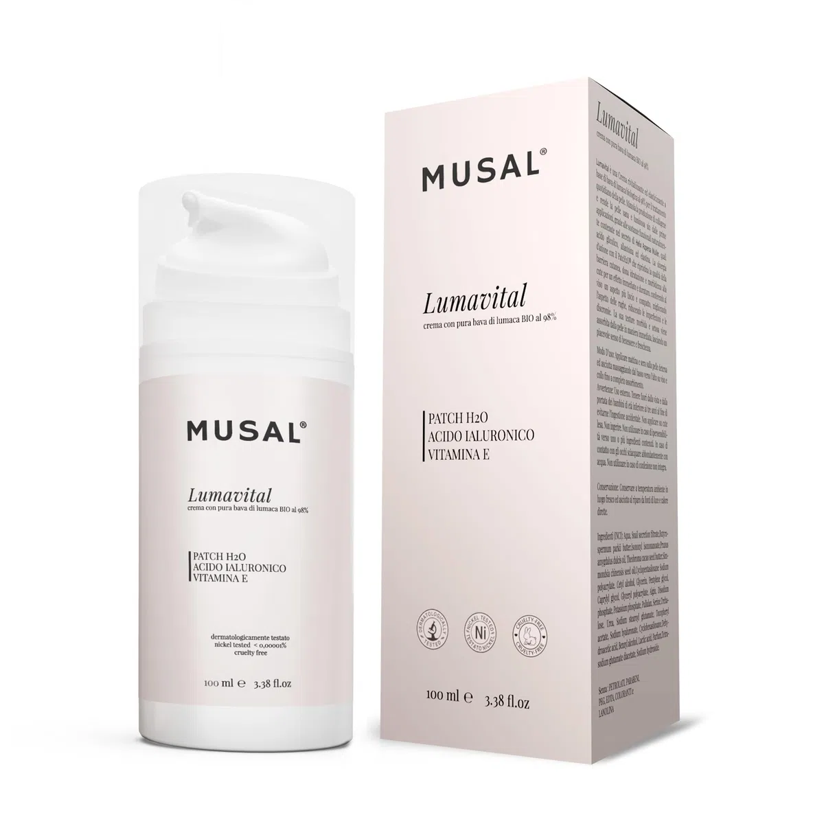 Musal 100ml Crema Viso Bava di Lumaca Bio al 98%, Acido Ialuronico e Vitamina E, Crema viso Idratante antimacchie e Antirughe per pelli sensibili grasse e secche.
