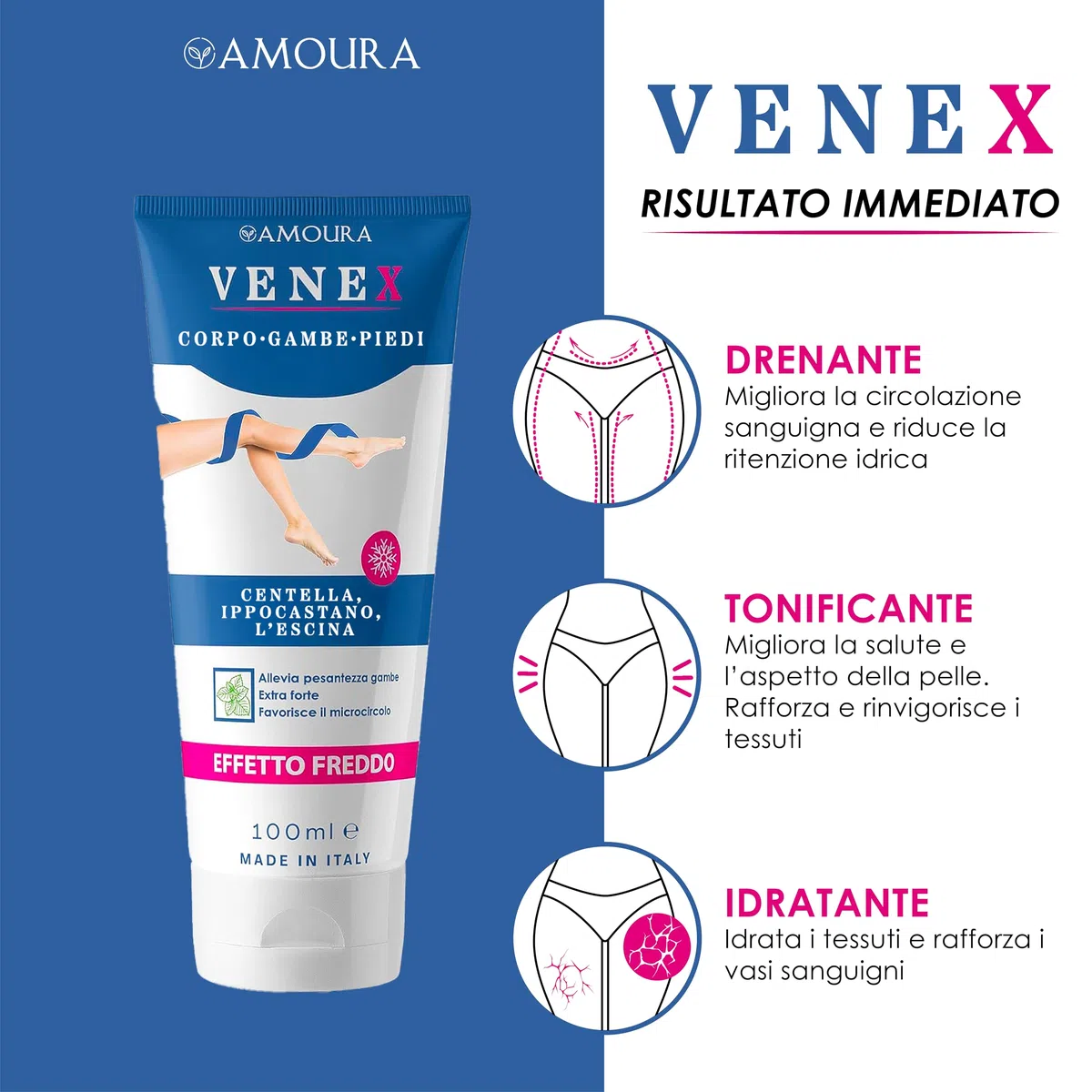 Amoura Crema Vene Varicose e Capillari - 100 ml - Crema Gambe Stanche e Pesanti - Made in Italy