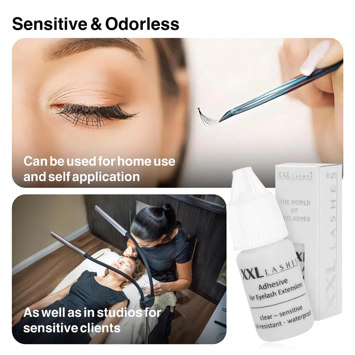 Colla per Extension di Ciglia anallergica, sensibile, resistente agli olii e all'acqua, vegano, inodore, XXL Lashes Adhesive for eyelash extensions, impermeabile, sicurezza certificata, chiaro