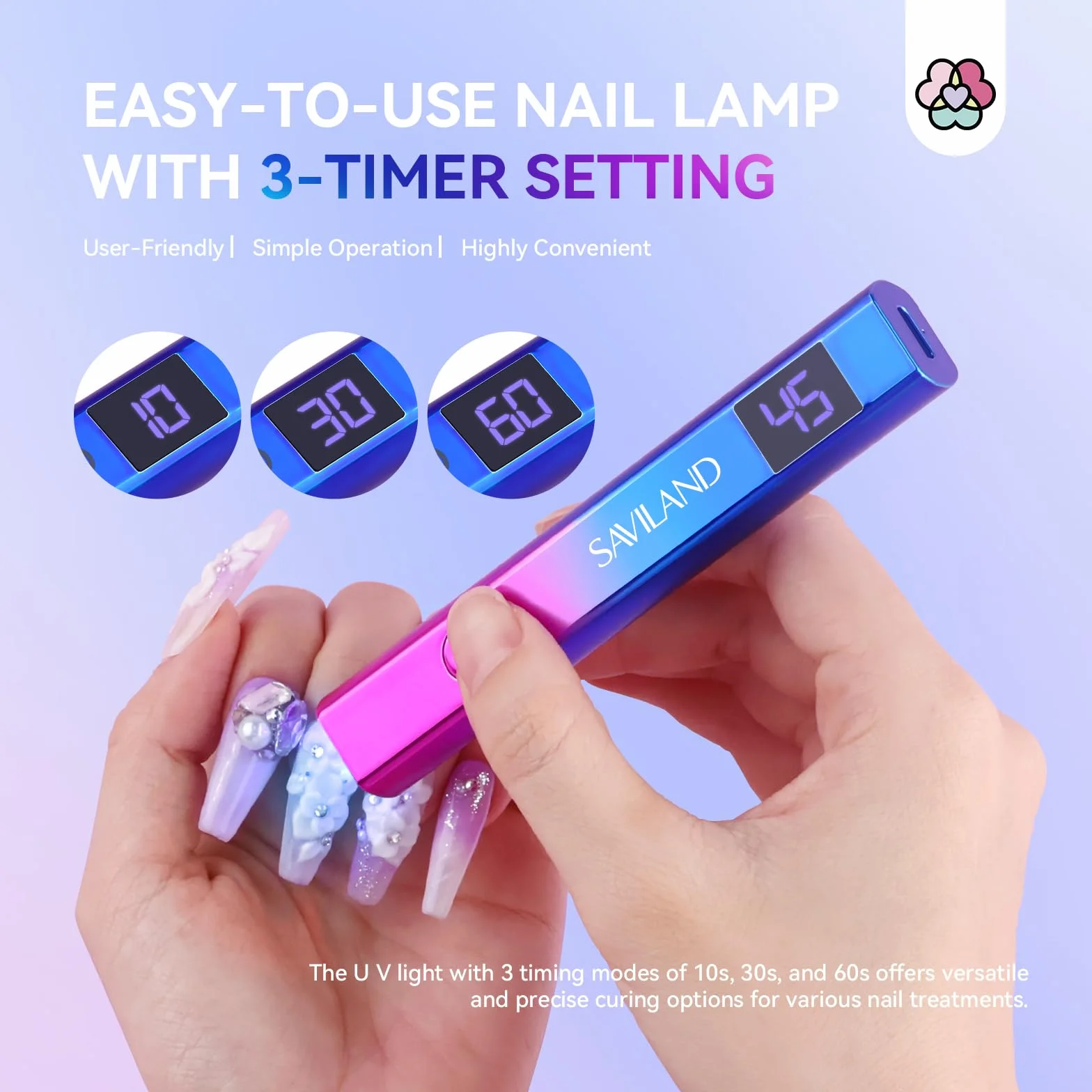 Saviland Mini Lampada UV LED Unghie, Lampada per Unghie Senza Fili 12W, Lampada per Unghie Portatile con Display LCD, Torcia Elettrica per unghie Gel Sciugatura Rapida Blu Viola