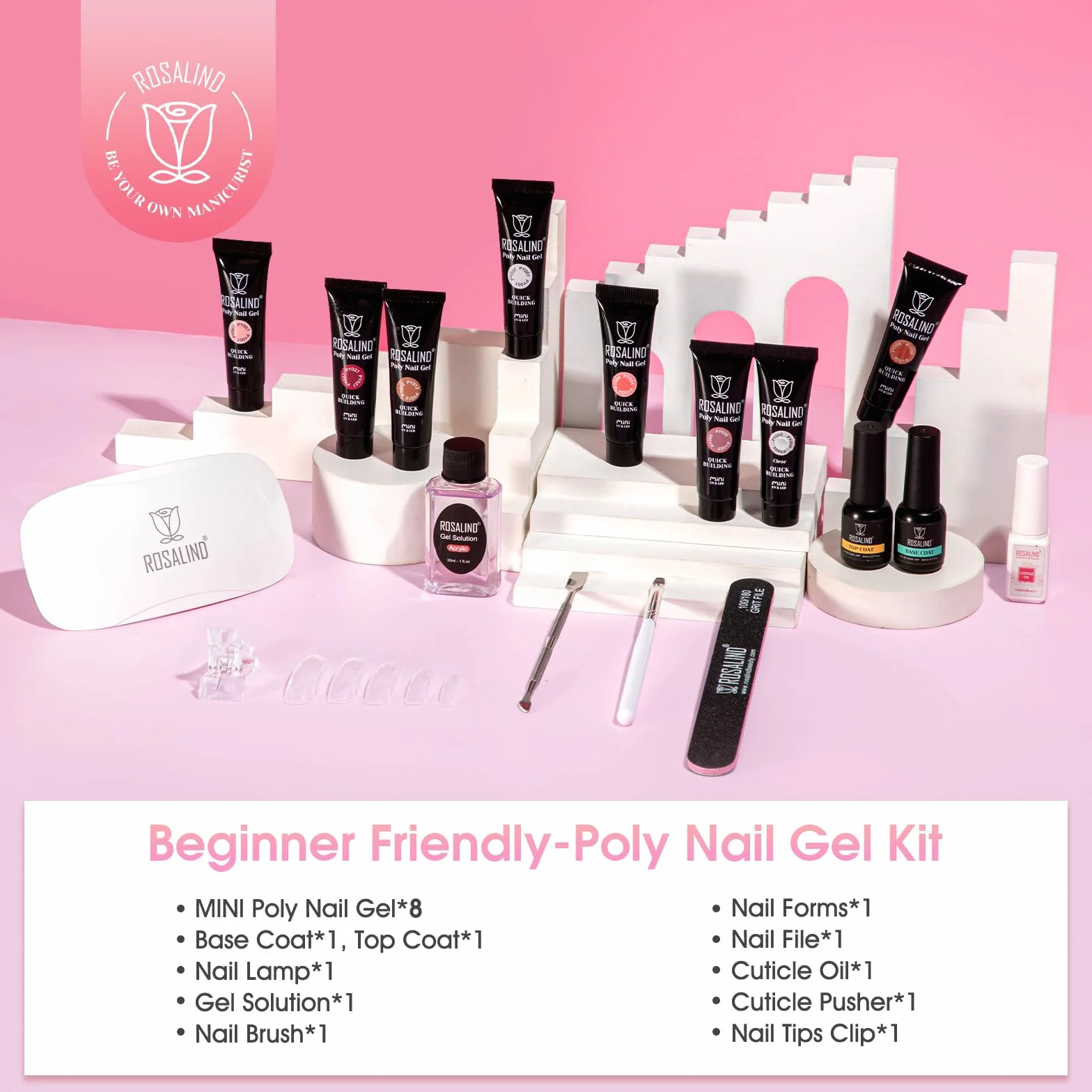 ROSALIND Gel Unghie Ricostruzione Kit Completo, 8 Colore 10ml Poligel Set con Base & Top Coat, Lampada UV e Strumenti per unghie, per Fai Da Te a Casa, Professionale Salone, Kit Unghie Gel Nail Art