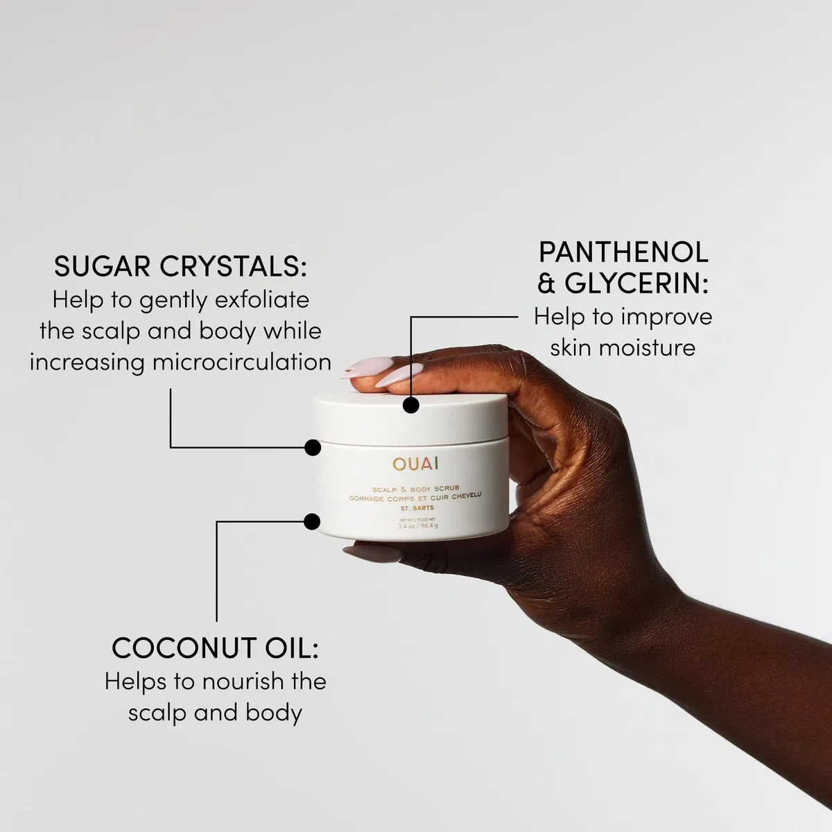OUAI St. Barts - Scrub esfoliante per il corpo e il cuoio capelluto, con miscela di zucchero e olio di cocco, per una pelle liscia e idratata, scrub delicato per rimuovere l'accumulo di prodotto (96,4