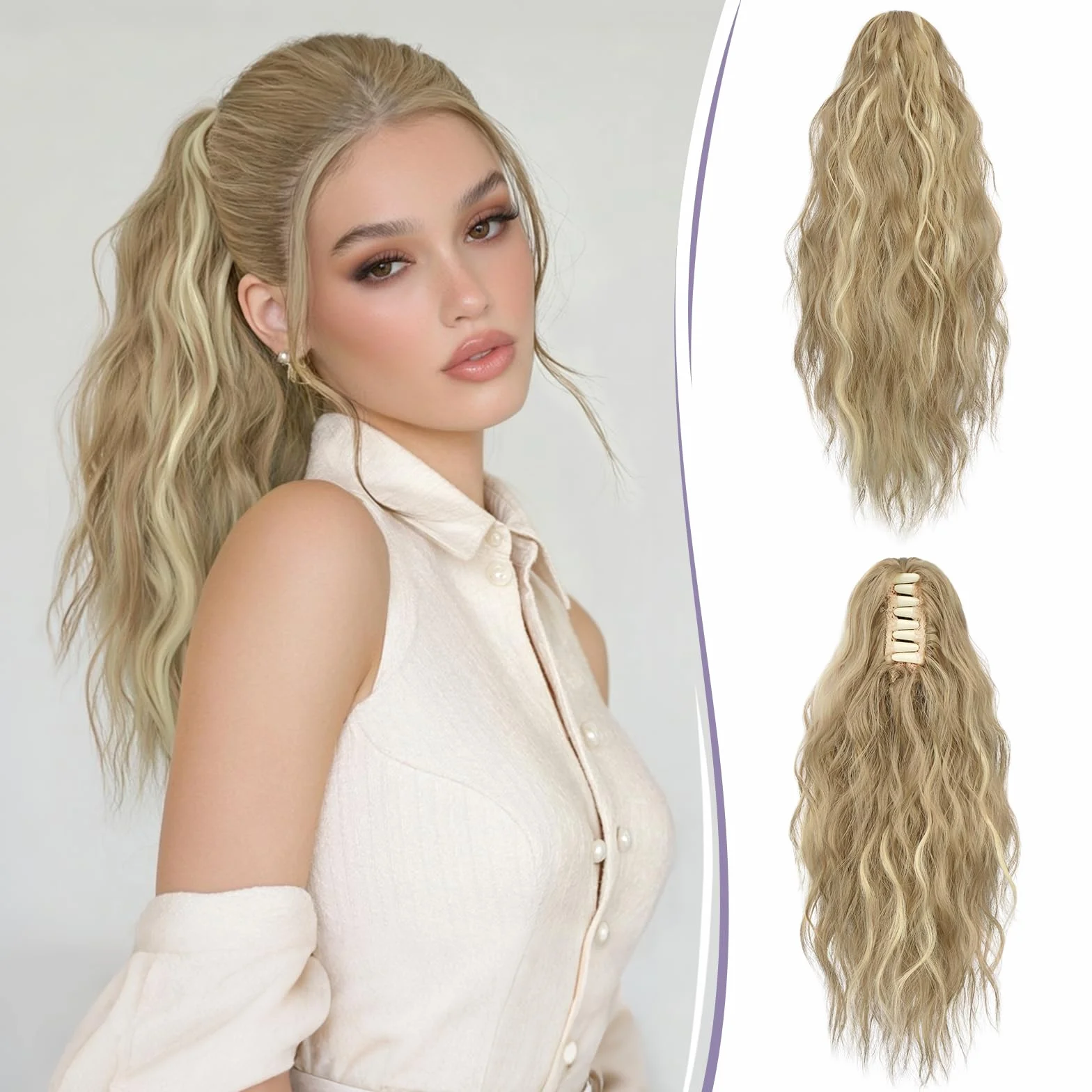RUWISS Coda Capelli Extension con Pinza, Coda Finta Capelli Ricci 35 cm Coda Capelli Extension Ondulate Sintetici Coda di Cavallo per Donne (Biondo Cenere Scuro)