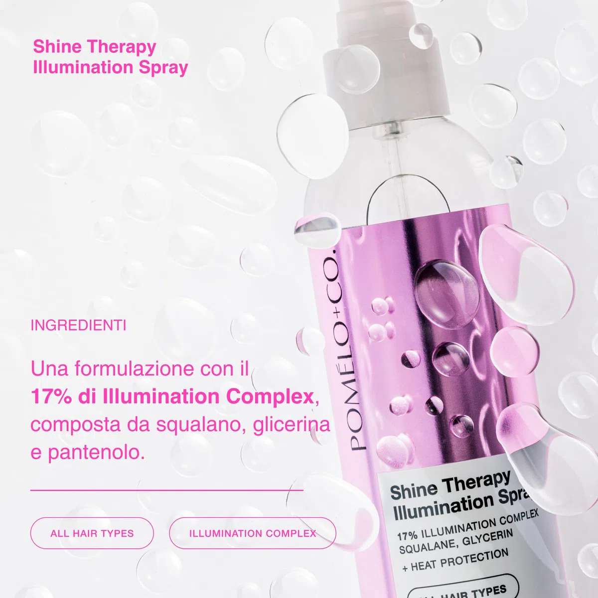 Pomélo+Co Spray con complesso illuminante al 17% per capelli nutriti, idratati e morbidi - con protezione termica/trattamento per capelli secchi/Shine Therapy Spray 200 ml