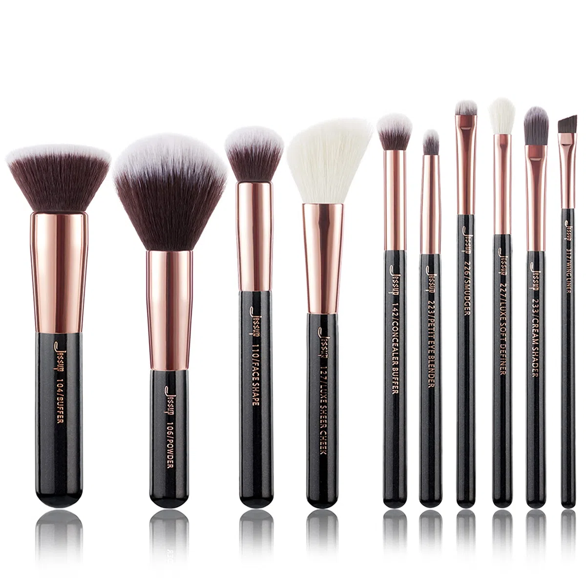 Jessup 10pz Pennelli per il trucco Fondotinta Polvere Bellezza Eyeliner Correttore Setole in fibra fatta a mano Kit per il trucco Nero/Oro rosa T156