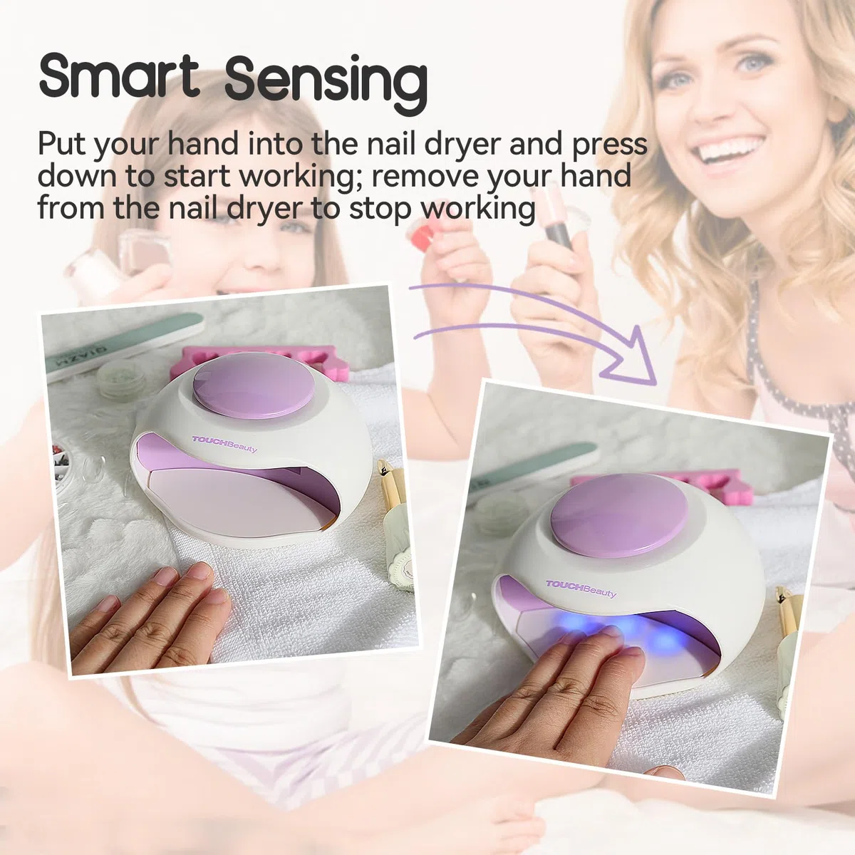 TOUCHBeauty Asciuga Unghie Aria e Luce LED, Essiccatore per Unghie Portatile, Mini Asciuga Smalto per Normale Unghie Ventilatore per Adolescenti, Principianti, a Batteria AG-0889N