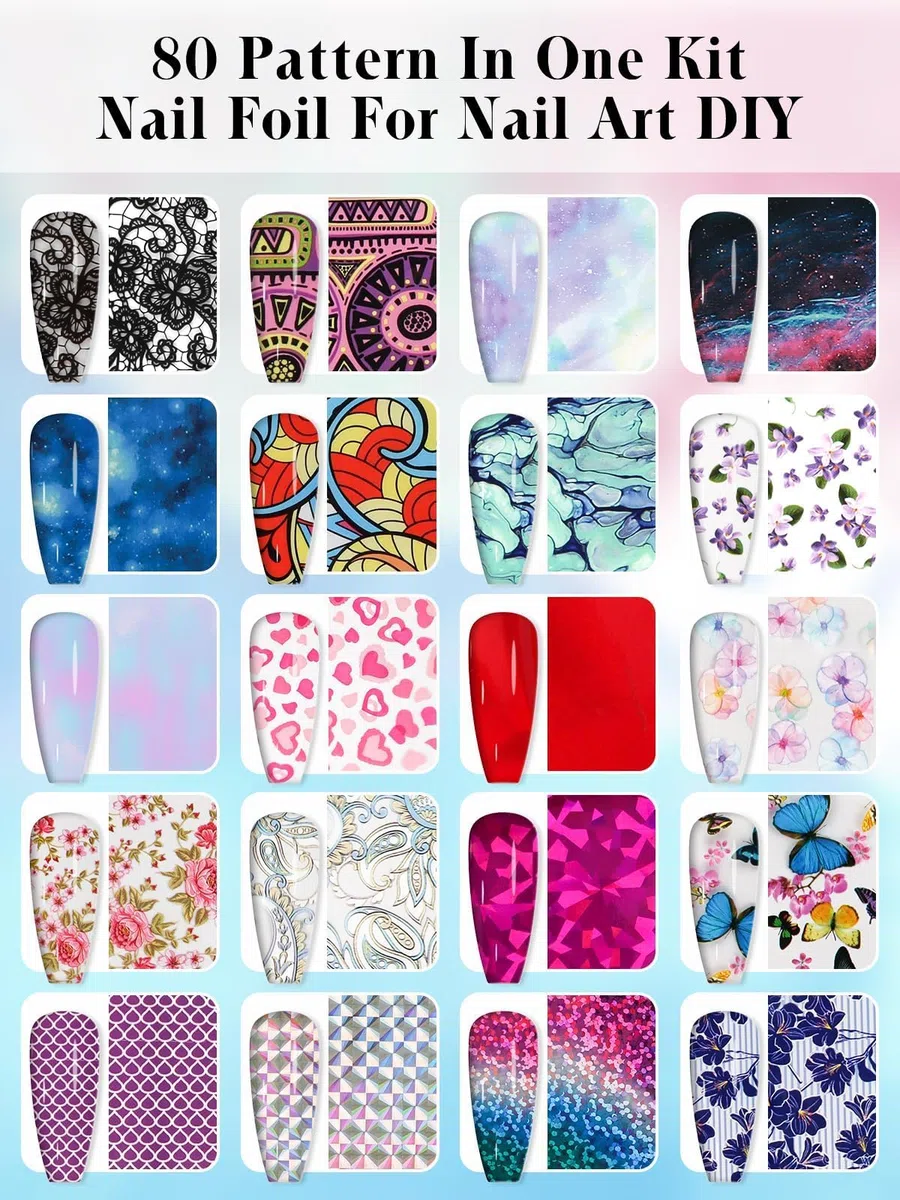 EBANKU Set di colla e gel per nail art, 30 ml di colla per unghie con 80 adesivi transfer a forma di fiore, farfalla e pizzo classico per manicure fai da te o salone, lampada UV LED necessaria