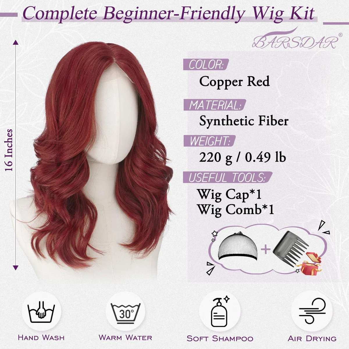 BARSDAR Corto Ondulato Rame Rosso Parrucca, Shoulder Lunghezza Rame Parrucche per Donne Corto Loose Wave Layered Parrucca con Face-Framing Curtain Bangs Aspetto Naturale Sintetico Capelli Parrucche