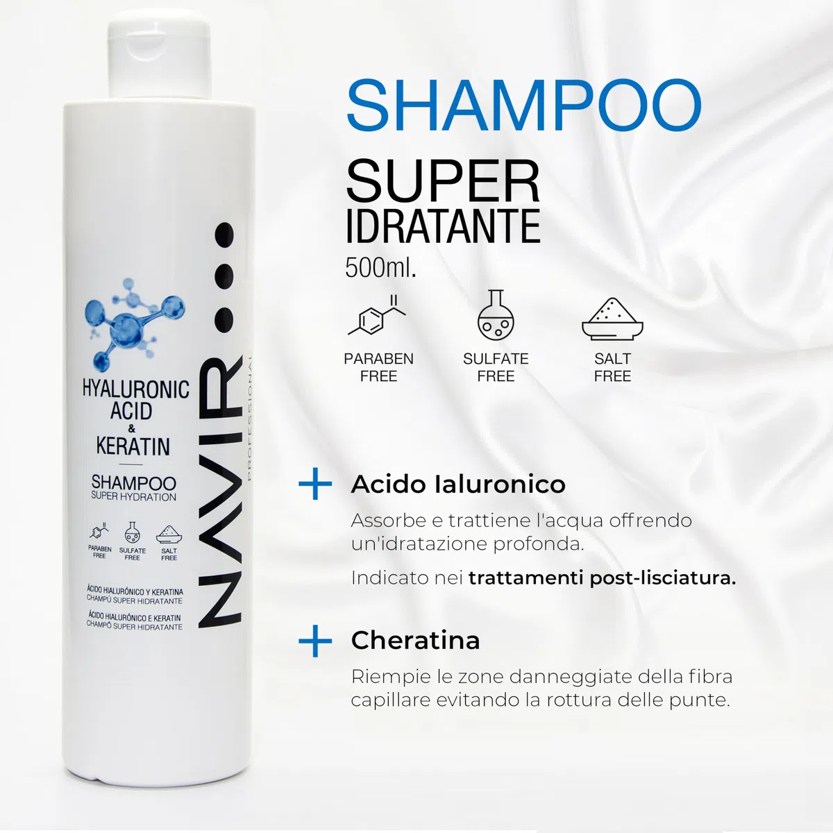NAVIR Professionale | Kit professionale capelli con acido ialuronico – Shampoo 500ml + maschera 200ml + balsamo 200ml – Idratazione intensa post trattamento lisciante – Senza solfati – 3 prodotti