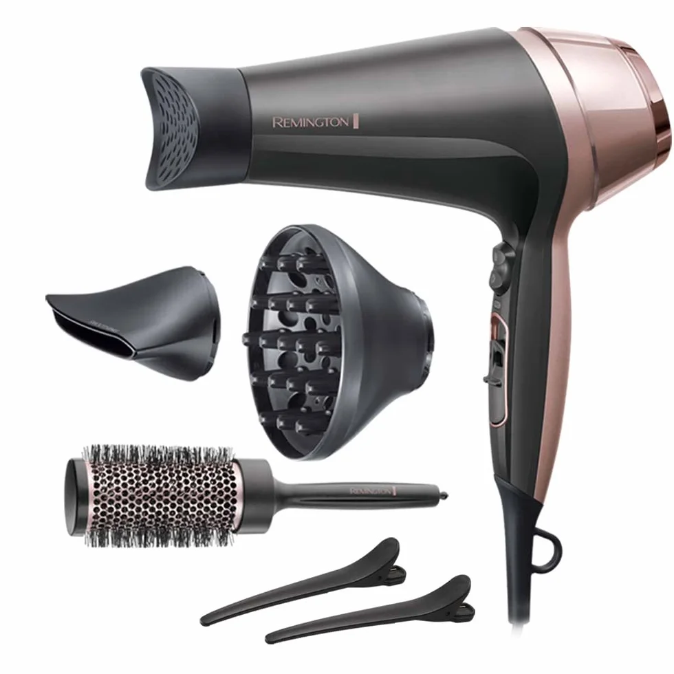 Remington Asciugacapelli 2200W - Asciuga, Piastra e Arriccia - 3 accessori per lo styling: ugello e diffusore, spazzola rotonda da 45 mm e clip, 3 livelli di riscaldamento e 2 di ventilazione, D5707