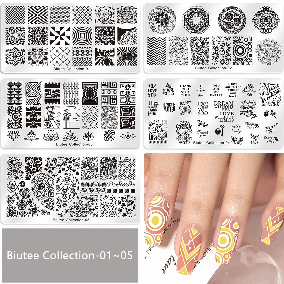 Biutee 15 pcs Gel Stamping Nail Art Prodotti Manicure Gel, 1 Timbri per Unghie, 2 Raschietti, 1 Busta per Conservarli, Stampo UnghieGeometrico Semipermanente