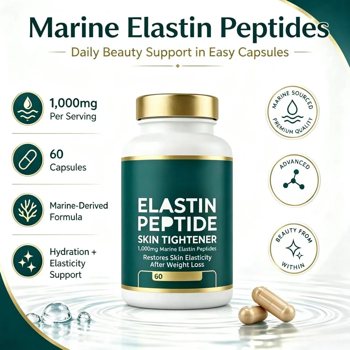 Peptidi di elastina, promuovono l'elasticità della pelle, nutrono, promuovono la lucentezza naturale, rassodano la pelle, idratano e idratano, adatti sia a uomini che a donne