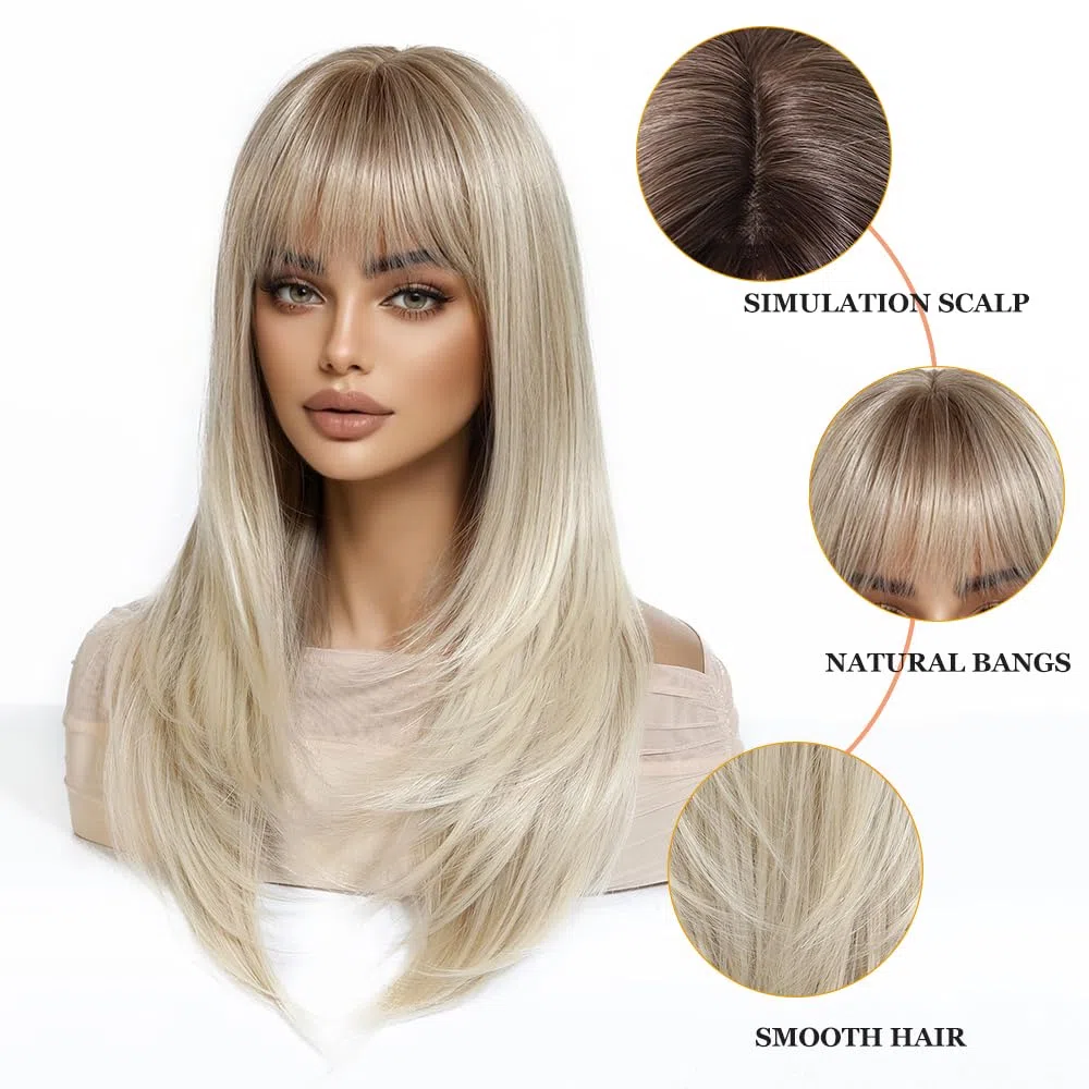 Esmee Lunga Liscia Parrucche Bionde per Donne con Frange - Capelli Sintetici Naturali - Parrucca Ombre per Uso Quotidiano e Feste