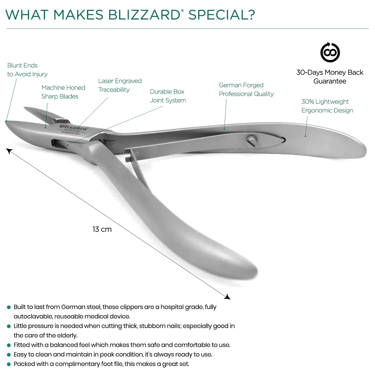 Blizzard Tagliaunghie Professionale - Tronchese per Unghie dei Piedi per Pazienti Diabetici - Taglio Retto - CE strumento chirurgico per Podologi - Fabbricato in acciaio inossidabile Tedesco 13 cm
