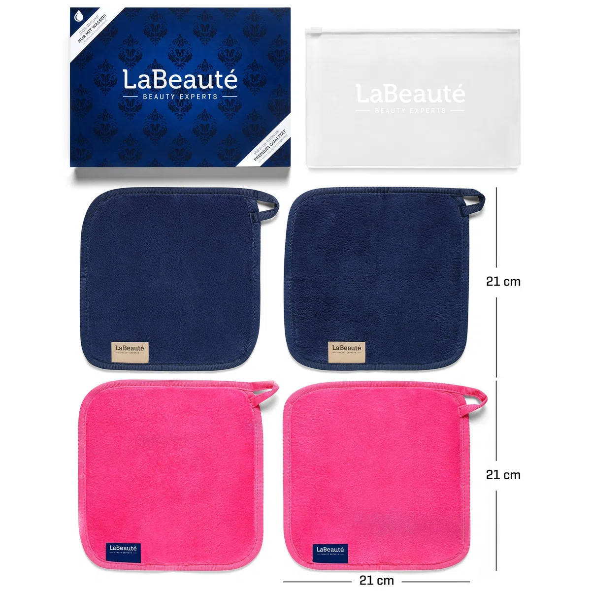LaBeaute Panno struccante microfibra – Struccante occhi e pulizia viso – Stuccante viso makeup – Lavabile e riutilizzabile – 21x21 cm – 4 pezzi - Blu Navy e Rosa