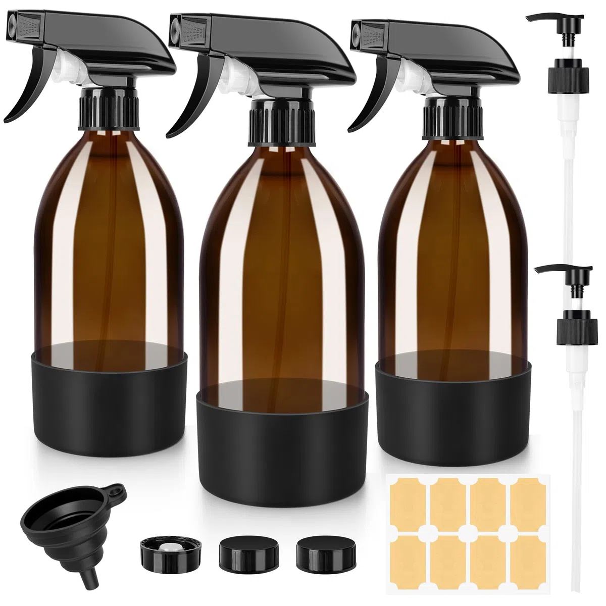 Flaconi spray in vetro ambrato, confezione da 3 flaconi spray in vetro da 470 ml, per pulizia, piante, oli essenziali, cura dei capelli, bottiglia spray vuota ricaricabile, Marrone ambrato.