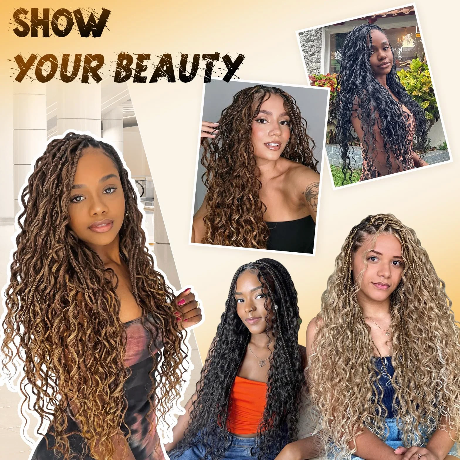 FESHFEN Ocean Wave Crochet Hair extension - 3 Pezzi Estensioni Capelli per Treccine a Onde Sintetici Ondulati Braiding Trecce Boho Posticci Extensions per Donne, 55 cm Castano