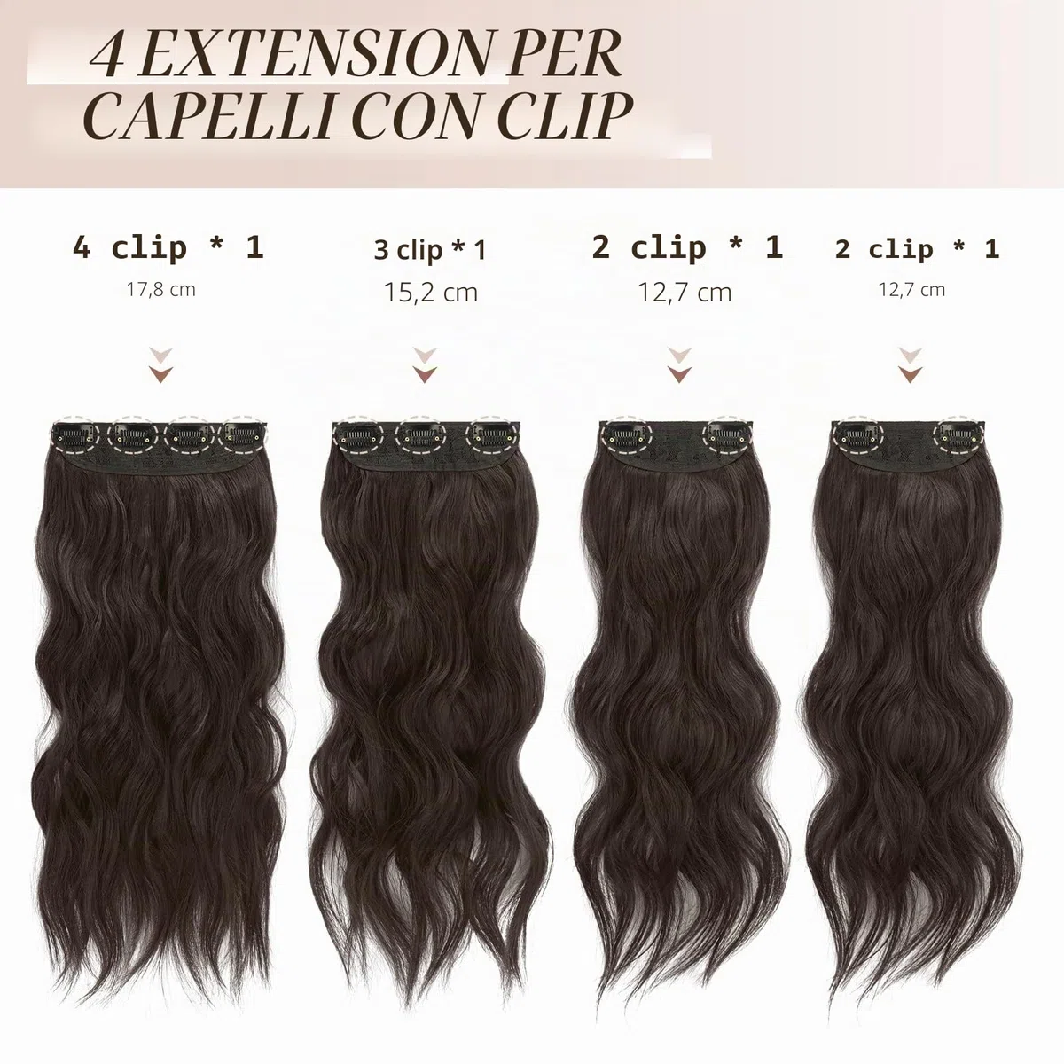 FESHFEN Extension Capelli a Clip - 4PCS Marrone Scuro Lunga Clip in Capelli Estensioni Clip Ondulati Sintetici Posticci Capelli per Donna 50 cm