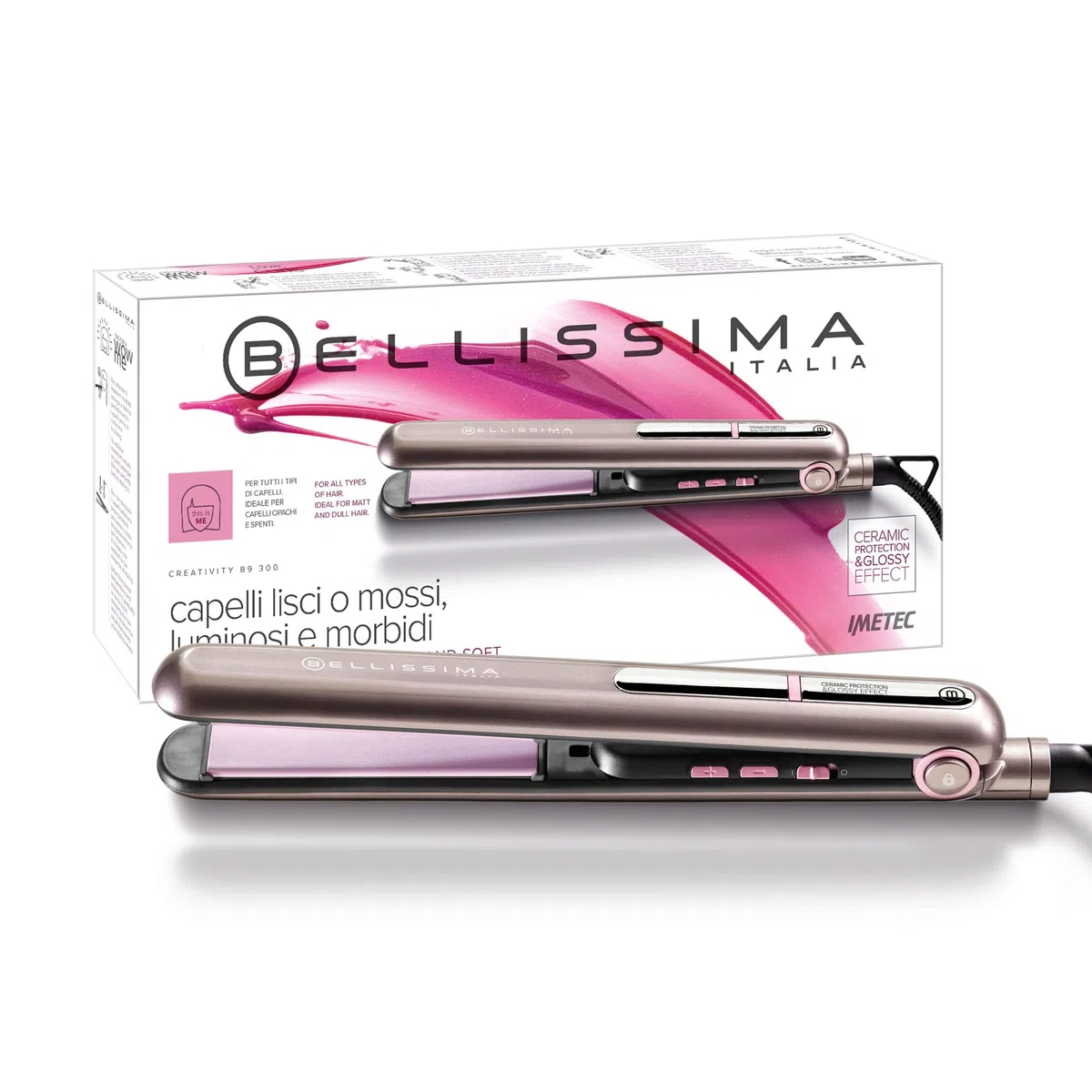 Bellissima Imetec Creativity B9 300 Piastra per Capelli, Styling Liscio o Mosso, Rivestimento in Ceramica, Regolazione Temperatura da 150°C a 230°C, Sistema Riscaldamento Rapido