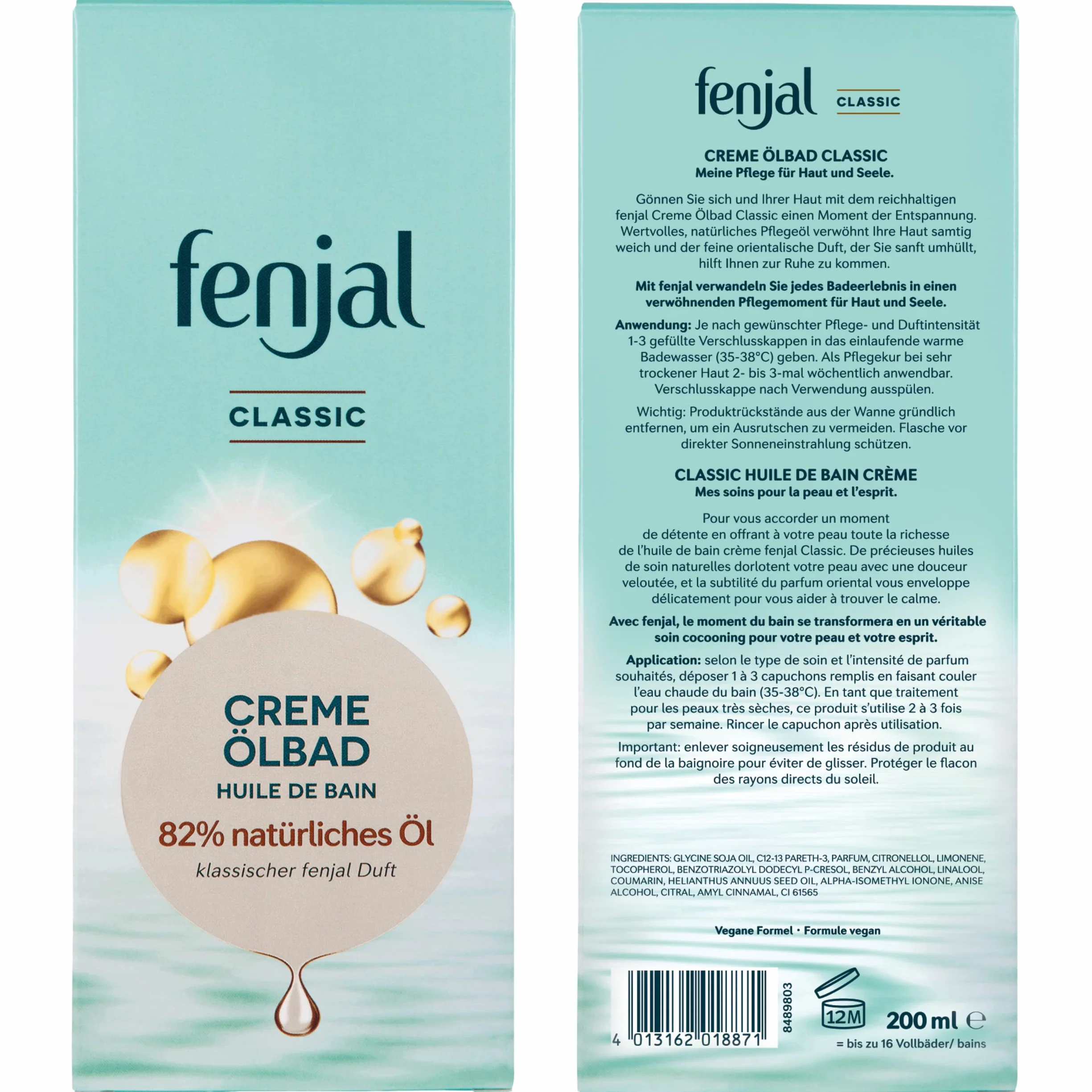 fenjal Bagno olio crema – 200 ml, bagno vegano con olio naturale all'82%, profumo, pelle da normale a molto secca – Classic
